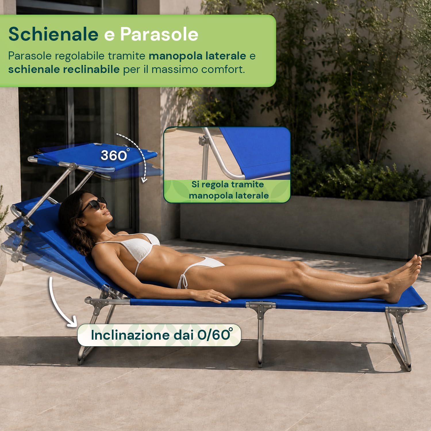 Avilia - Lettino Prendisole Pieghevole con Parasole 360° – Alluminio, Tessuto Oxford, 100 kg | Lettino Prendisole Reclinabile 0-60°, Traspirante, L54×P185×A24 cm – Chiuso L54×P17×A70 cm