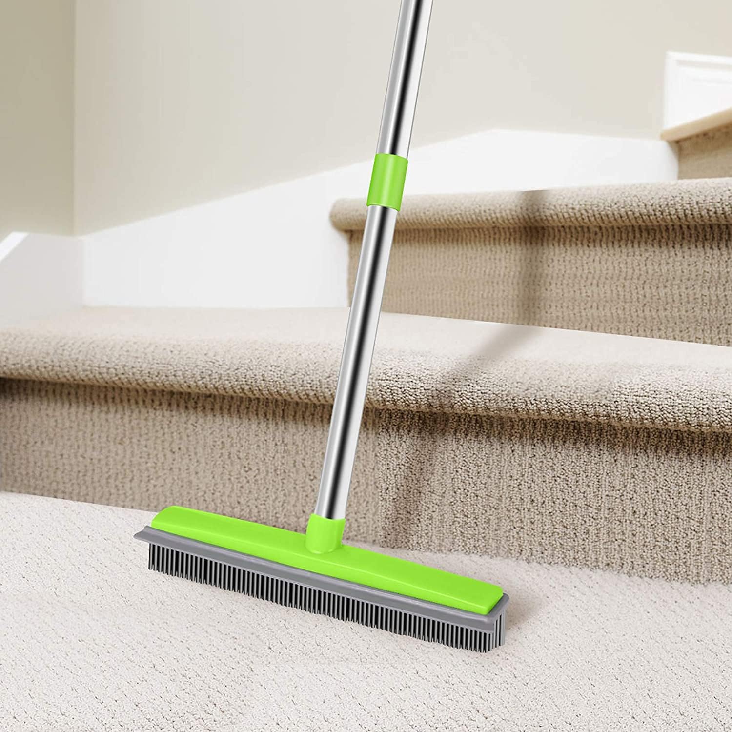 Soft Push Broom Bristle 59'' Rubber Broom Carpet Sweeper with Squeegee Adjustable Long Handle, Removal Pet Human Hair