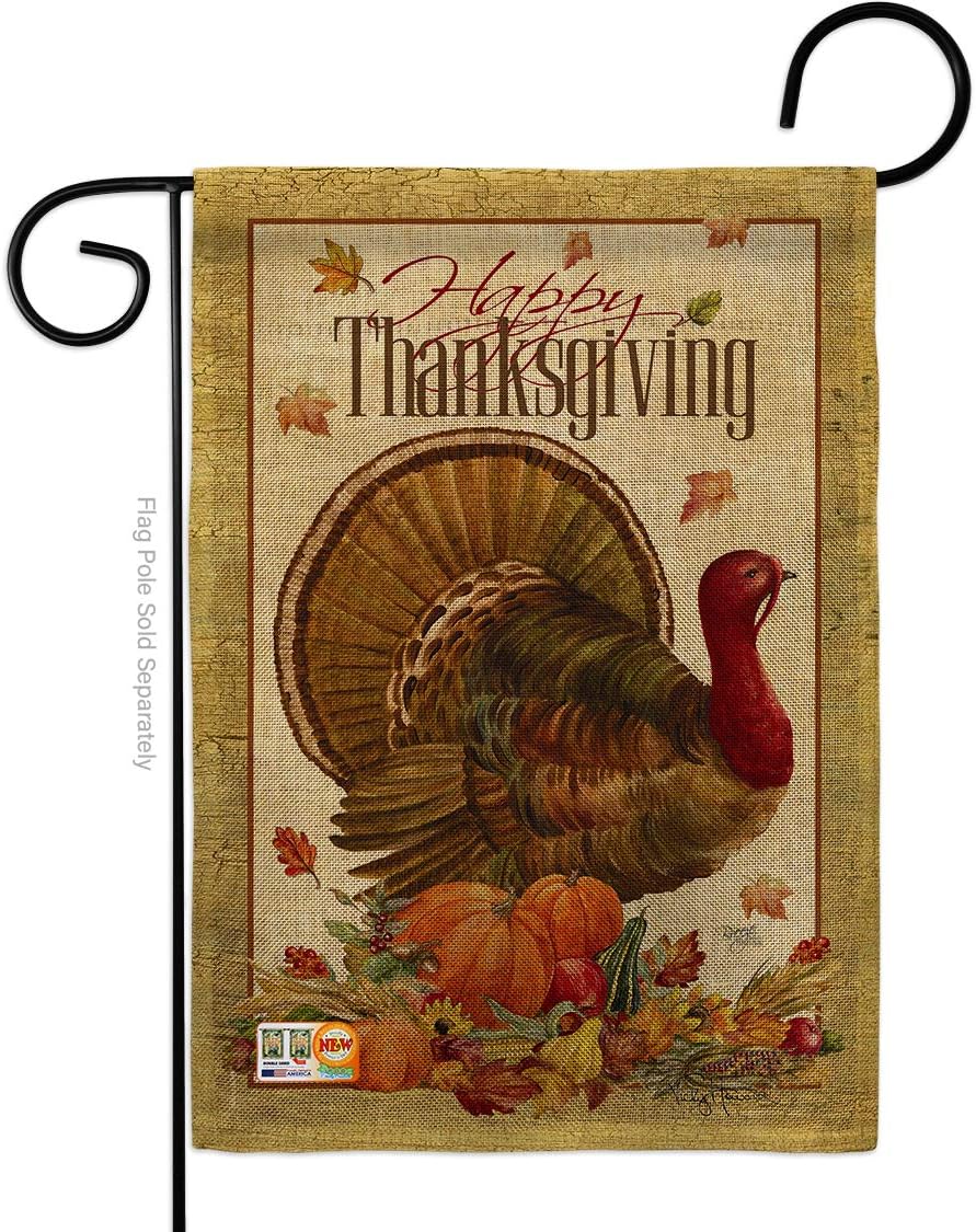 Breeze Decor BD-TG-G-113049-IP-DB-D-US12-AM 13 x 18.5 in. Thanksgiving Turkey Burlap Fall Impressions Decorative Vertical Double Sided Garden Flag