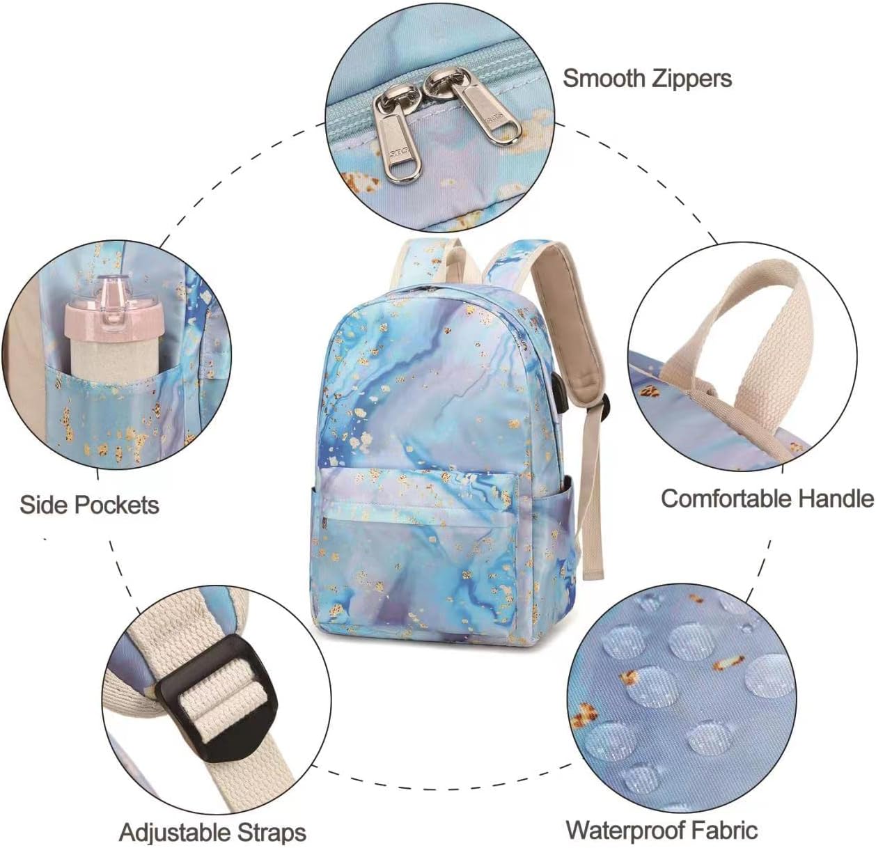 Teen Girls School Backpack Kids Bookbag Set with Lunch Box Pencil Case, Travel Laptop Backpack Casual Daypacks (Blue-marble)