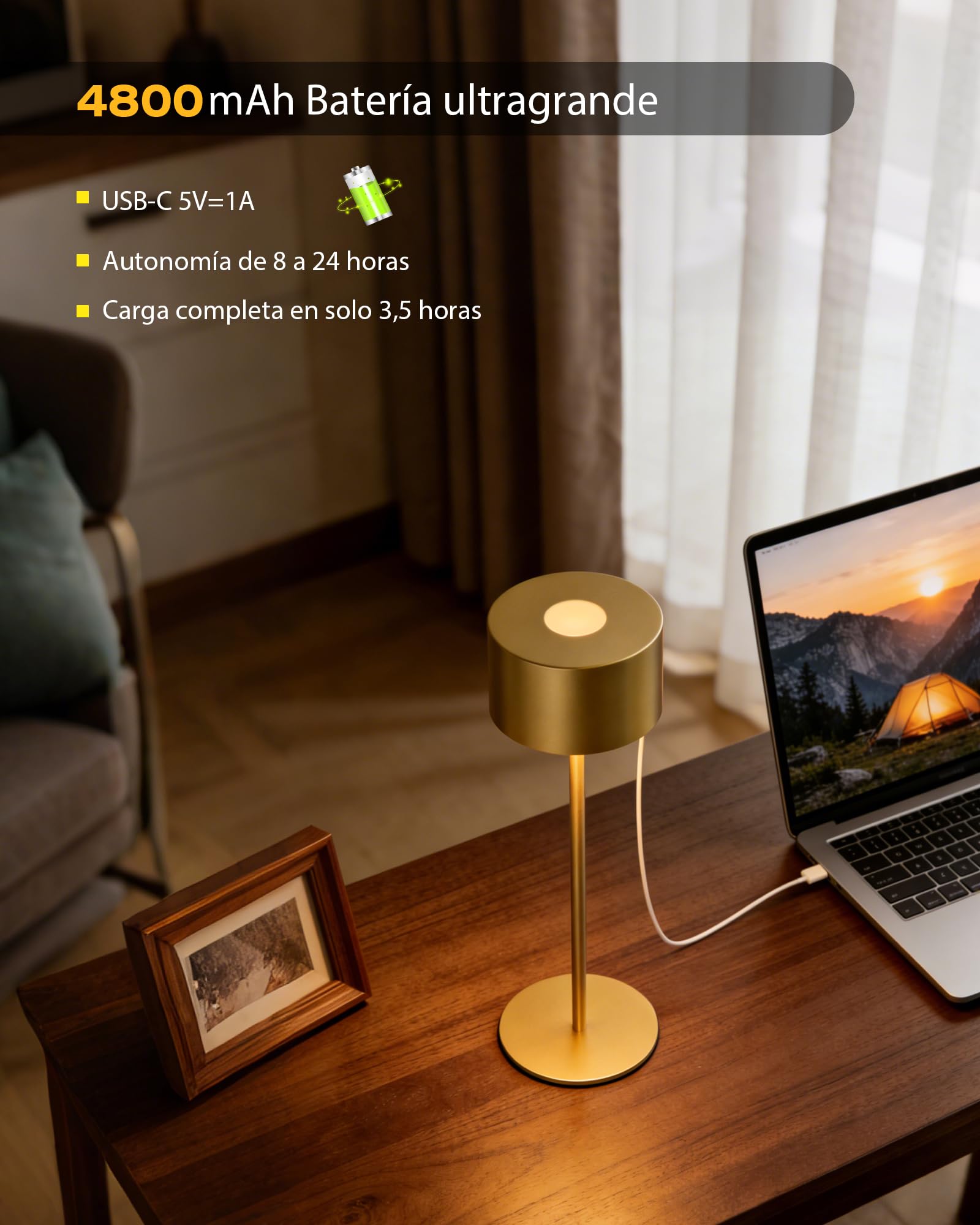 Lámpara Inalámbrica Metálica Dorado IP54 | 3 Temperaturas + Brillo Regulable | Recargable USB | Multiuso para Restaurante, Dormitorio y Camping