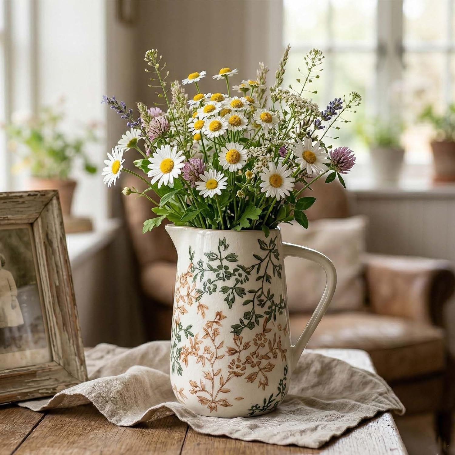 Ceramic Pitcher Vase, Water Pitchers with Handle,For Modern Rustic Farmhouse Vase Home Decor,Cute Small Ceramic Vases,Entrance Decoration and Centerpieces for Dining Table Decor (Green)