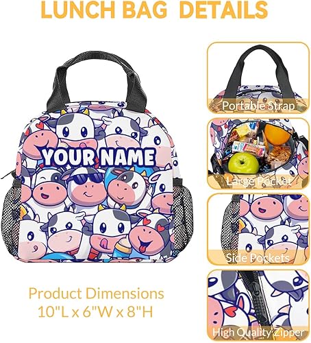 Miniatura 3 de Lonchera personalizada de vaca para niños, lonchera aislada para niñas, bolsas de almuerzo ligeras y lindas con correa para el hombro, pequeña bolsa