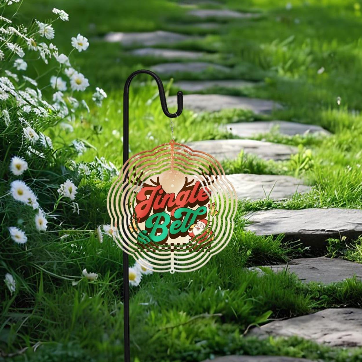 Jingle Bell Santa Claus Christmas Wind Spinners 3D Stainless Steel Laser Cut Metal Double Sided Printing-Hanging Indoor/Outdoor Decorations Yard Gardening Decor,Metal Kinetic Art 16x16 inches