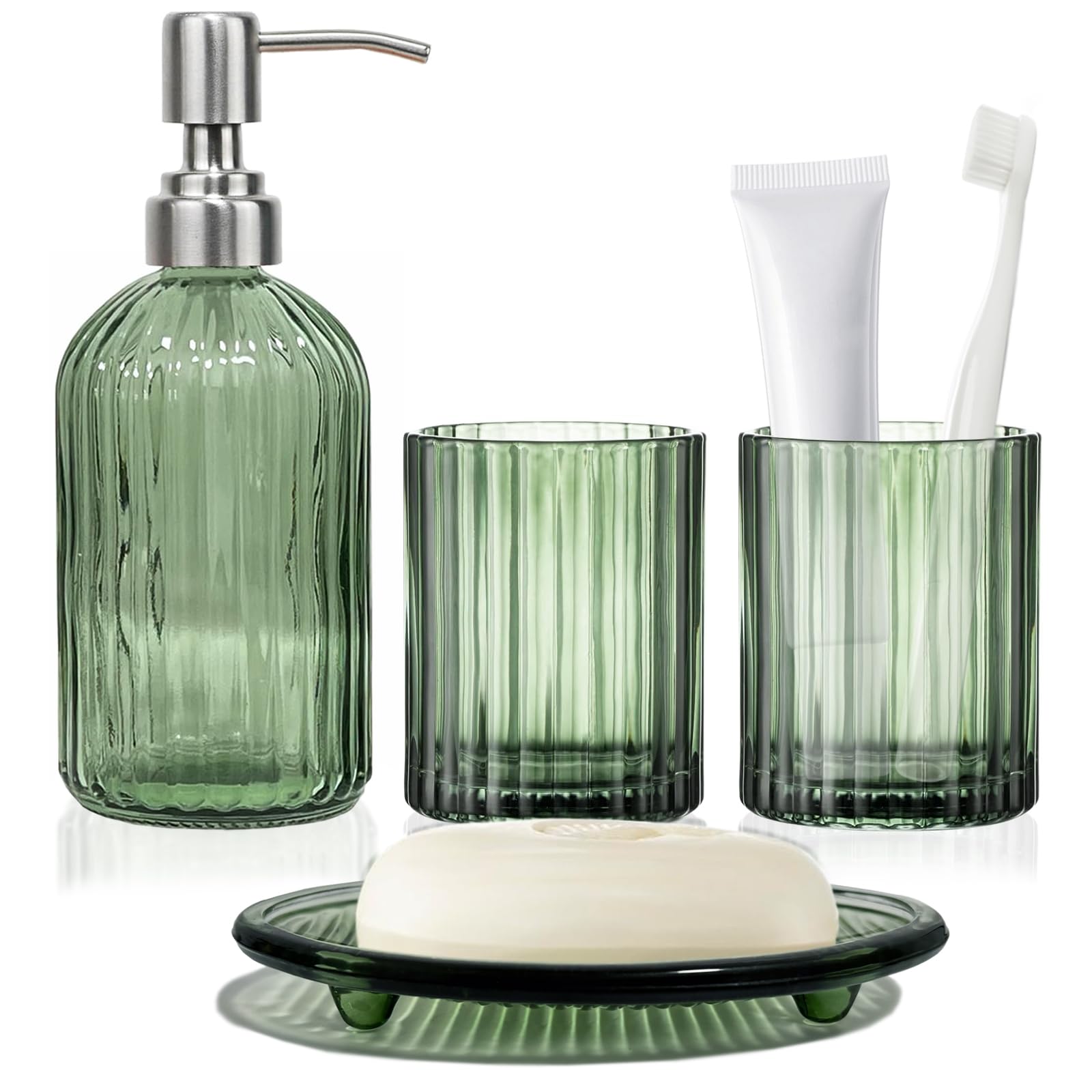 Juego de accesorios de baño verde de 4 piezas, organizador: dispensador de jabón, soporte para cepillo de dientes, vaso, jabonera, dispensador de jabón moderno, juego de vasos para baño