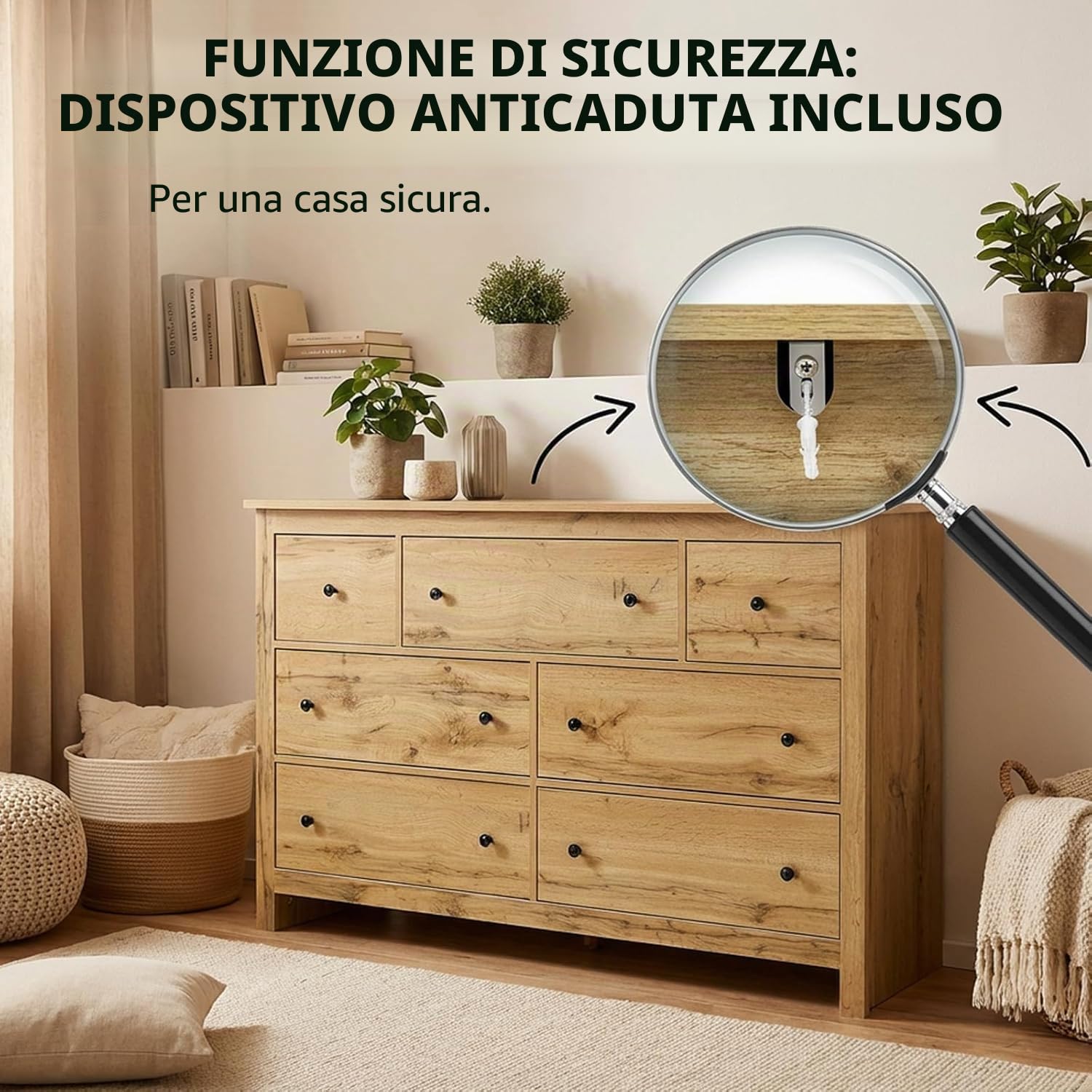 Cassettiera Di Legno, Cassettiera 7 Cassetti 152x40x89cm, Comó Camera Da Letto, Mobile Con Cassetti per Soggiorno, Cucina