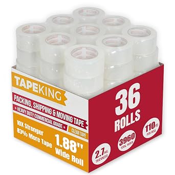Tape King Clear Packing Tape | 110 Yards Per Roll 36 Rolls | 1.88 Inch Wide Heavy Duty Packing Tape 2.7mil Strong Adhesive for Moving Boxes, Shipping Cartons, Office Use, Storage 3960 Yards