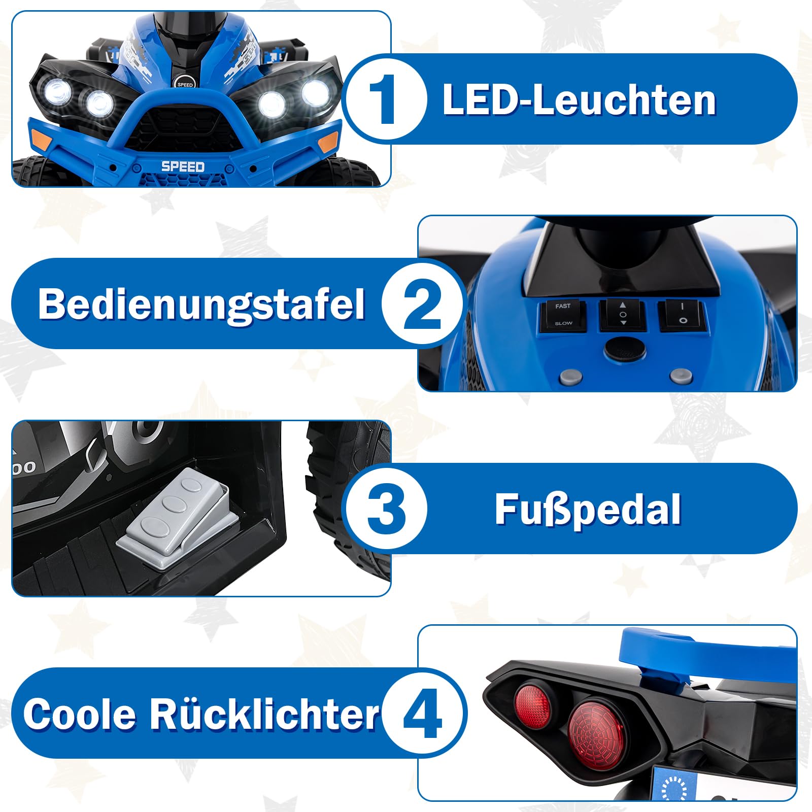 GOPLUS 12V Elektrische Kinderquad, Kinderfahrzeug mit LED-Scheinwerfern, Musik & Hupe, Elektroauto mit 4 rutschfeste Räder & langsamer Start, für Kinder 3–8 Jahre alt, bis 35 kg Belastbar (Blau)