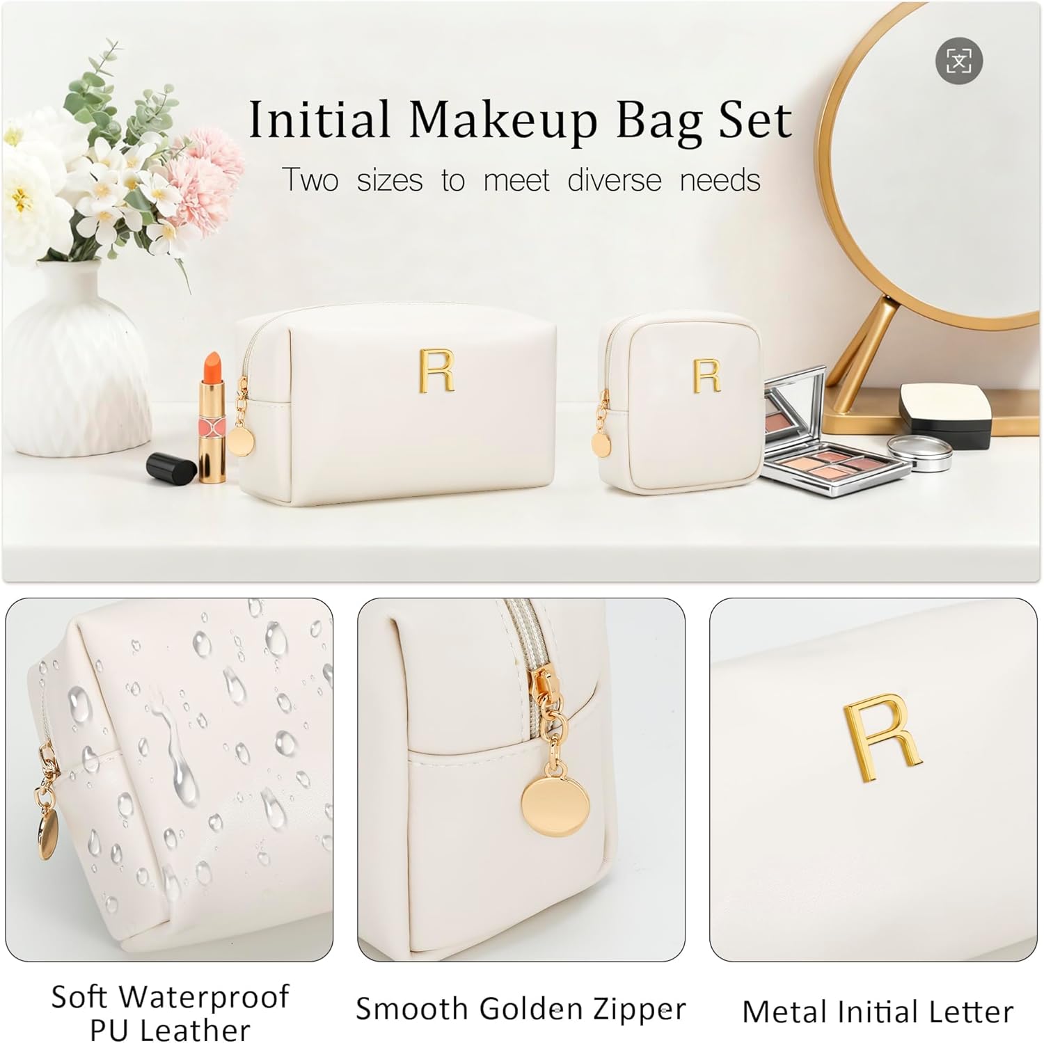 Personalized Birthday Gifts for Women - Initial Makeup Bag Set Travel Toiletry Bag Cosmetic Bags Soft Waterproof PU Leather Makeup Pouch Travel Essentials (Beige,R) - Image 2