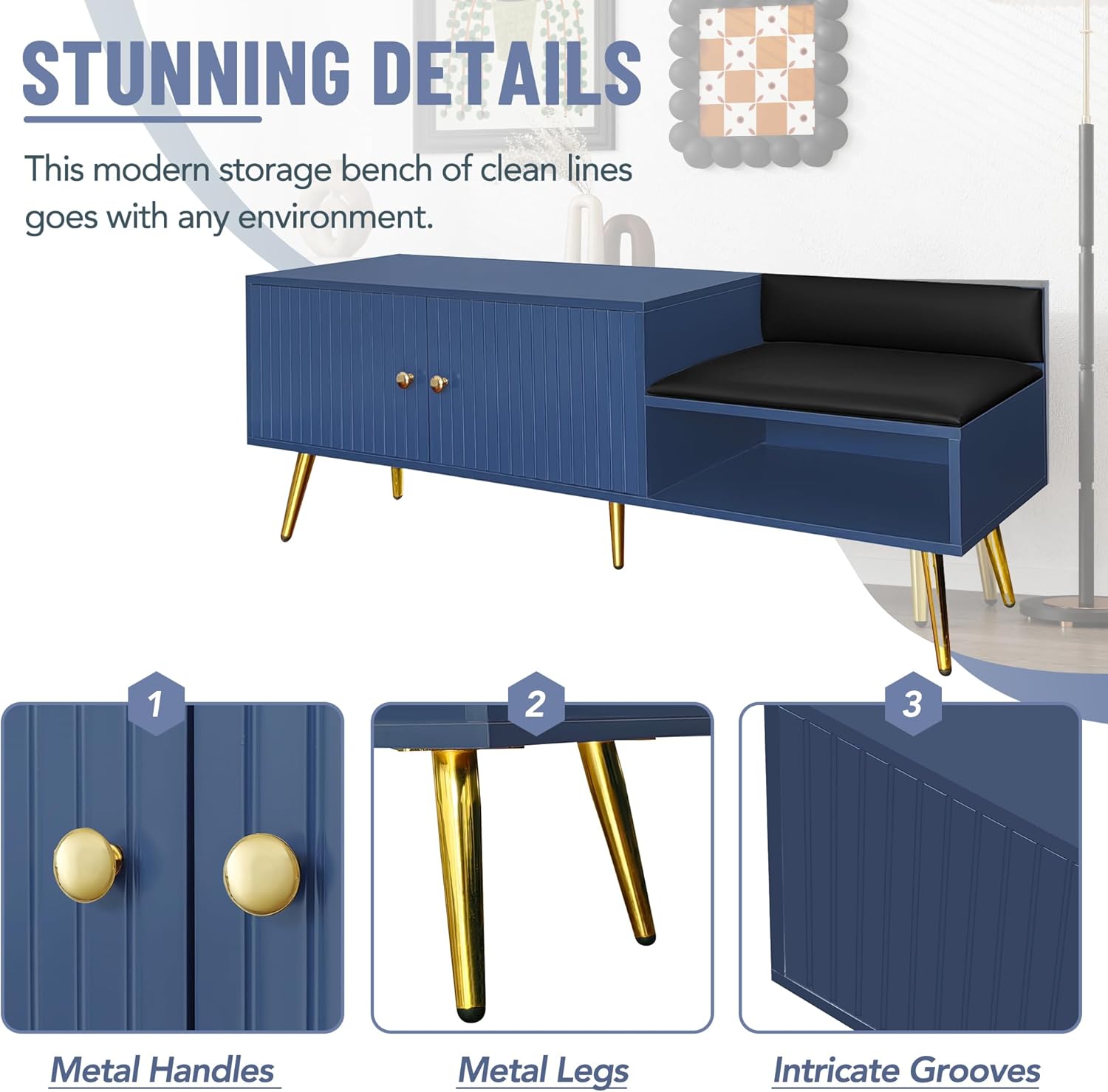 Navy Upholstered Shoe Storage Bench with Gold Accents and Cabinet