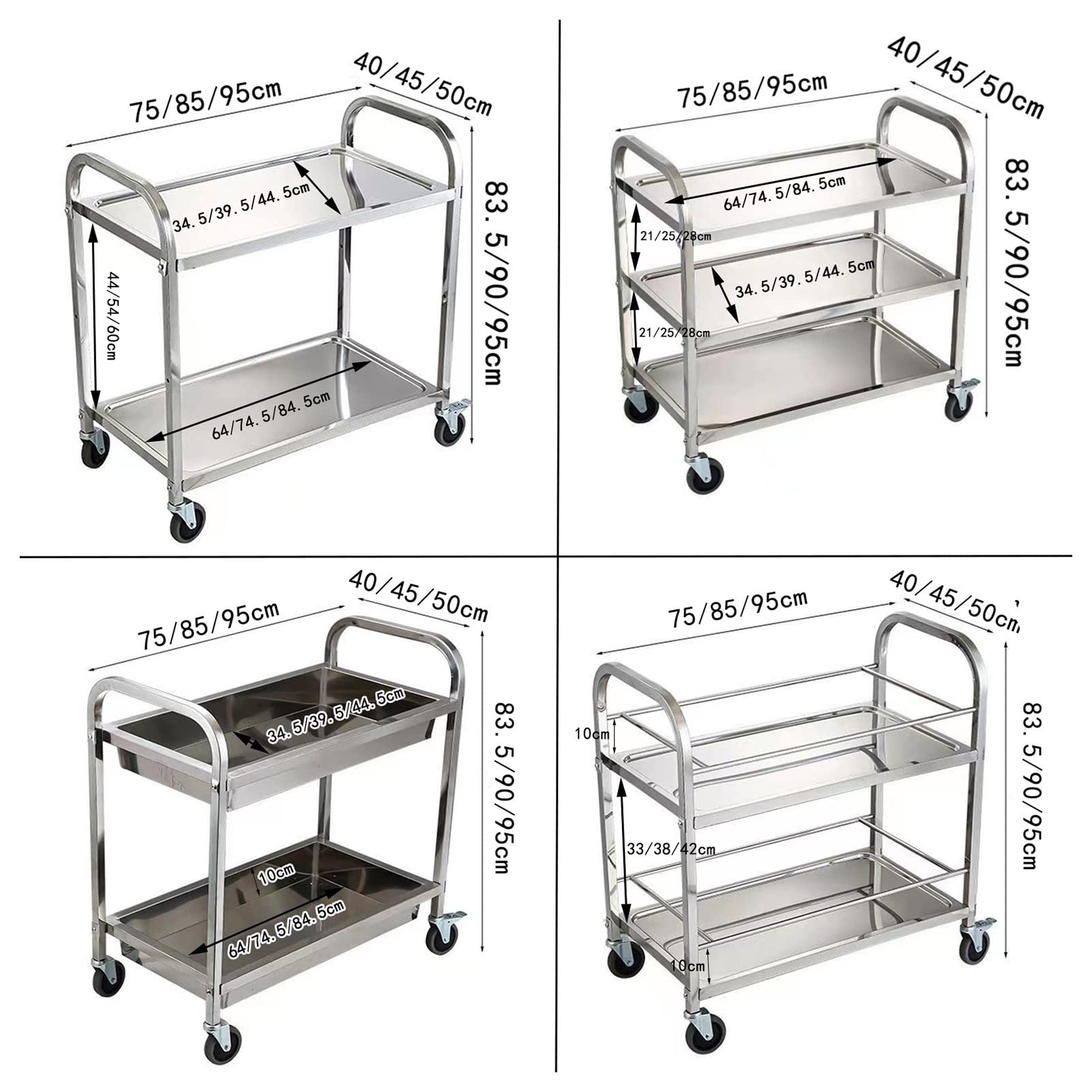 Chariot de cuisine roulant en acier inoxydable – Étagère utilitaire à 2 niveaux sur roulettes, support de rangement peu encombrant pour la maison, chariot de salle à manger et de cuisine, chariot de