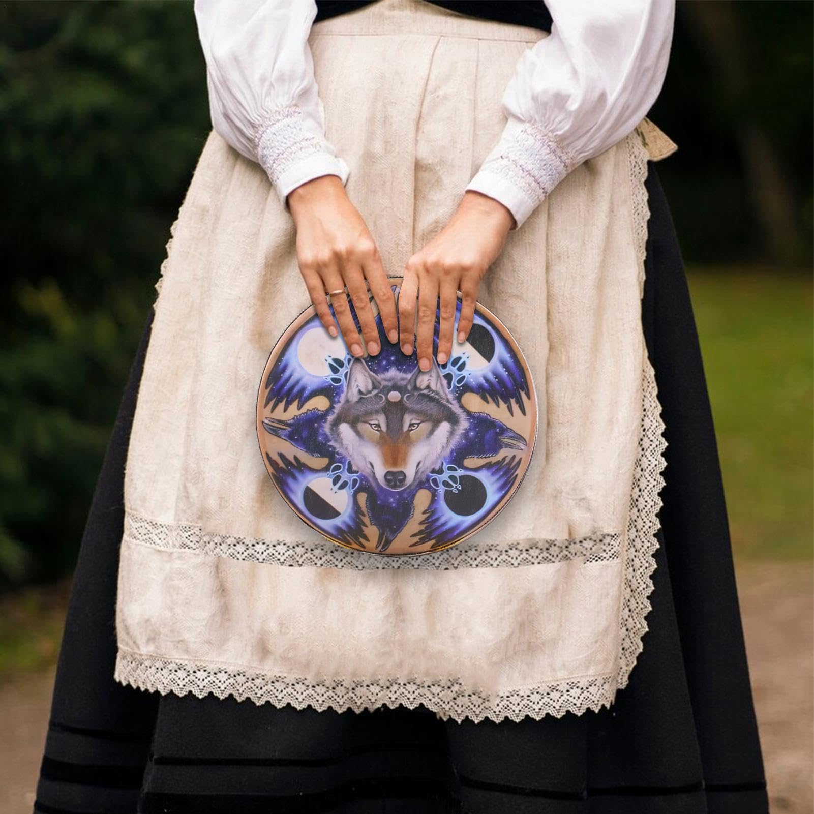 Tambores de mano chamán para adultos,Tambor chamán - Tambor chamán instrumental Sound Healer de 9 pulgadas,Wolf Head Design Instrumental Shaman, auténtico tambor siberiano para la
