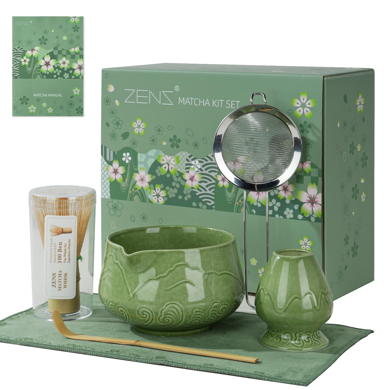 ZENS Matcha Whisk Set 6Pcs Matcha Kit Set Includes Ceramic Bowl Bamboo Whisk and Chasen Holder Scoop 304