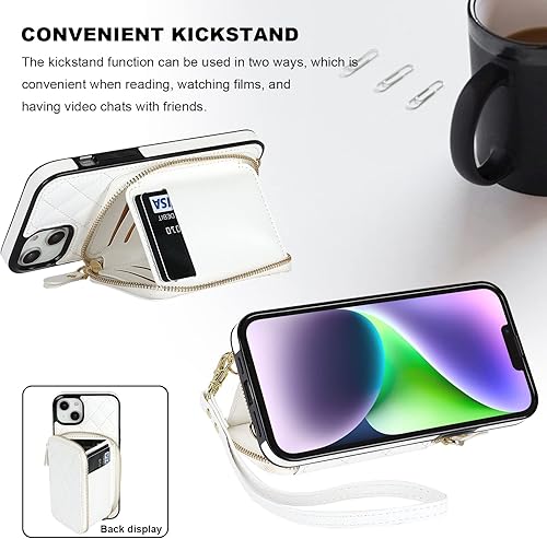 Miniatura 5 de Bocasal Funda tipo cartera cruzada para iPhone 14 Plus, bloqueo RFID, de piel sintética, con cremallera, funda tipo cartera con función atril y