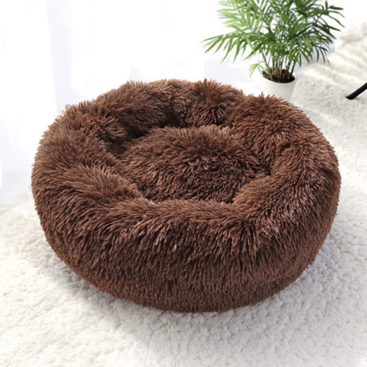Calming Dog Bed Cat Bed, Washable Round Dog Bed Anti-Slip Fluffy Faux Plush Donut Cuddler Cat Bed for Small Medium Large Dogs - Waterproof Bottom diameter35in