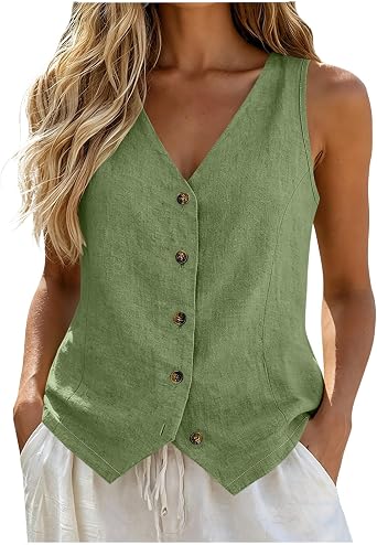 Vest Tops for Women Cotton Linen Summer Womens Vests Top Lightweight | Button Down Sleeveless Shirts V Neck, Business Casual Vests Tank Top Fashion 2026 for Work Office Teacher Outfits Vacation