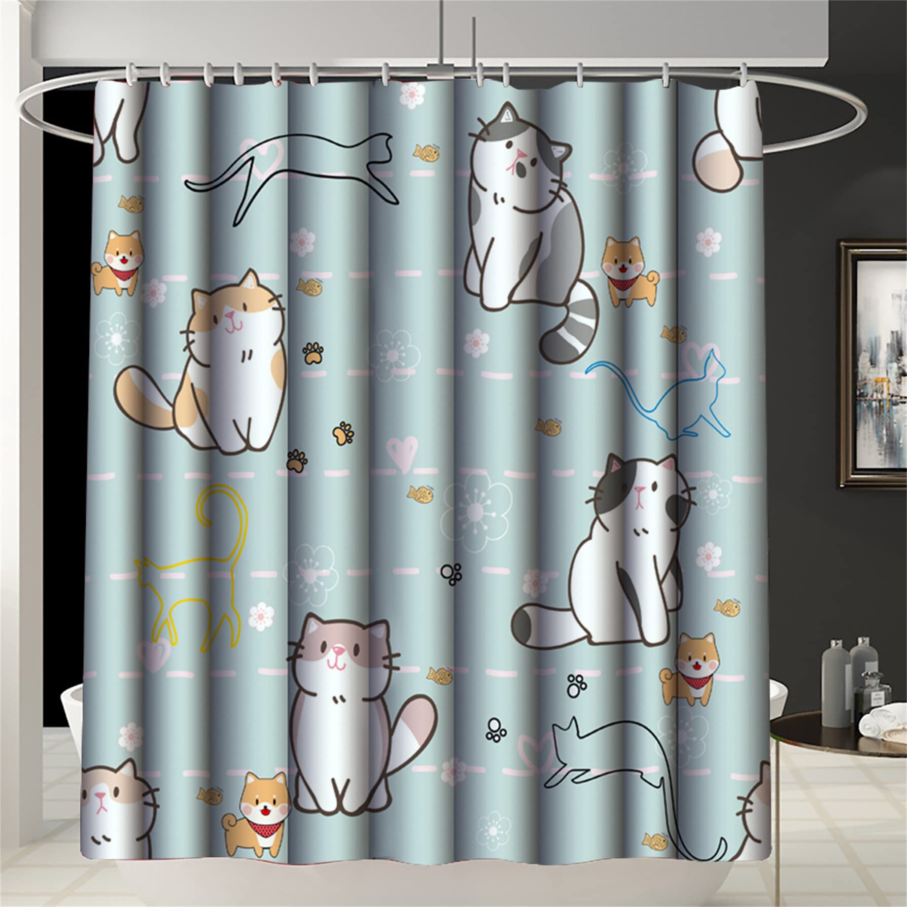 MIEPOS 4-teiliges Duschvorhang-Set Mit Katzen-Motiv – Wasserdicht, Inkl. Badematte, WC-Bezug & Konturteppich