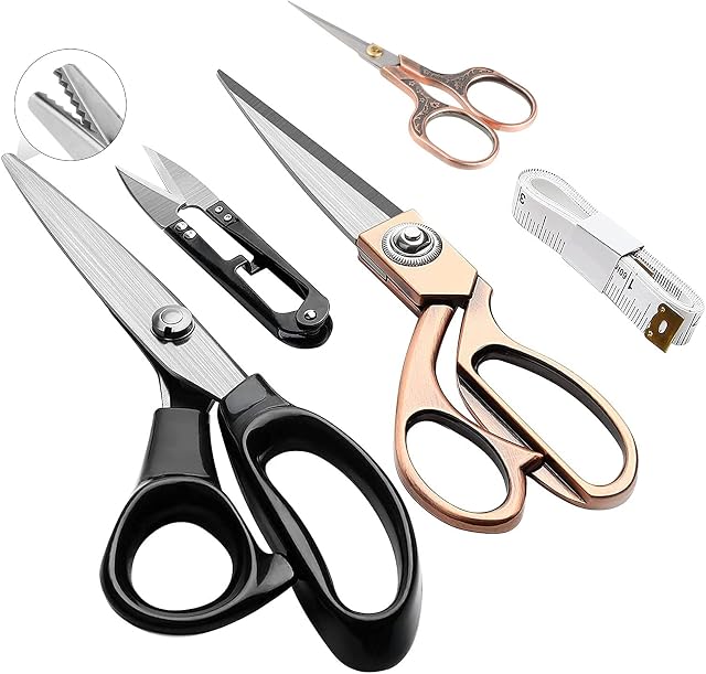 Fabric Scissors 8Inch,Pinking Shears 9.25Inch,Dressmaking Scissors ,Embroidery Scissors with Thread Snips Measuring Tape, Zig Zag Scissors,Heavy Duty Sewing Scissors for Cutting Fabric Tailoring 5 Pcs