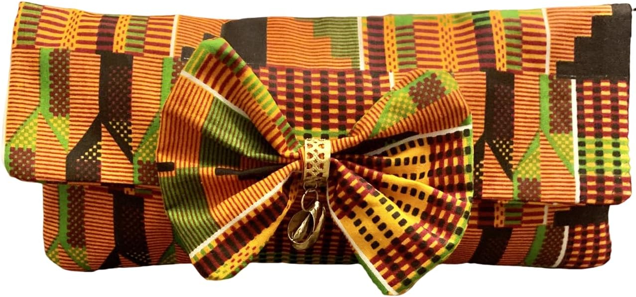 Kente Cloth Handbag with Gold Cowrie Shell and Bow - African Style Clutch Bag