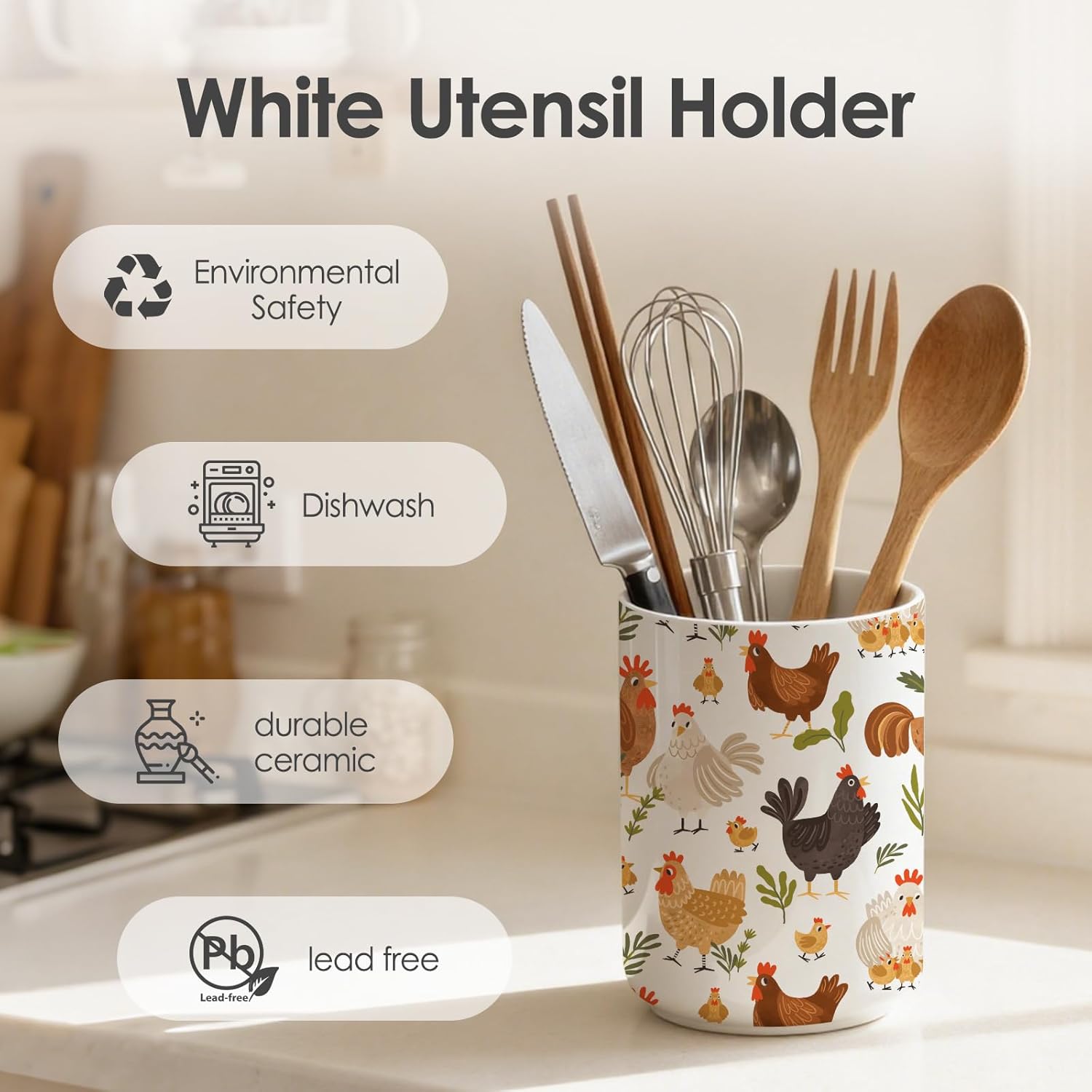 Charming Rooster Ceramic Utensil Holder for Kitchen Counter - Vintage Farmhouse Decor, Rustic Chicken Kitchen Utensil Holder, Rooster decor,Ceramic Vase 6.3"+4.7"(Chicken and Flowers