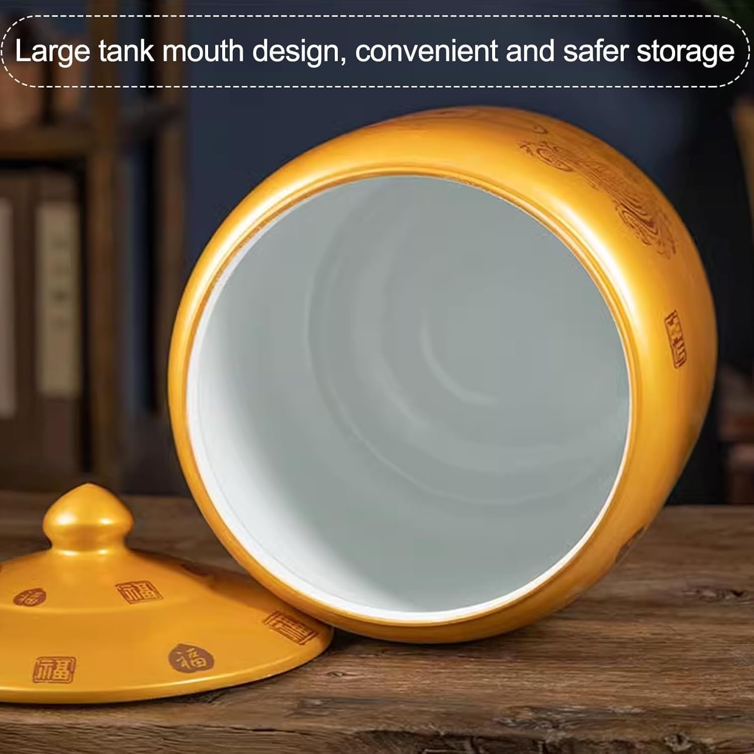 Ceramic Rice Bucket with Lid, Chinese Design Rice Storage Container Dispenser Gold C 38x32cm/15x12.6in