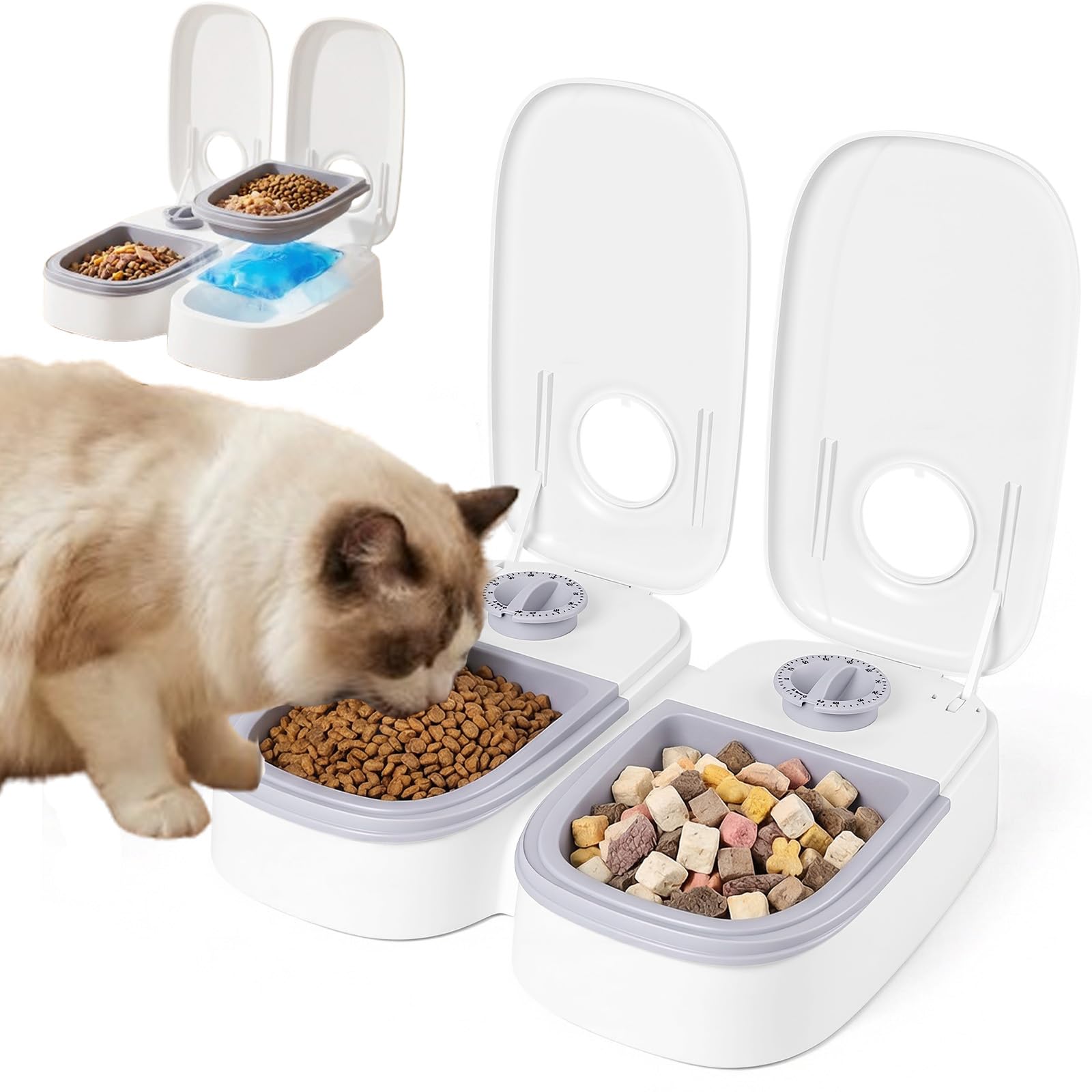 48 Hours Timed Automatic Cat Feeders Dry Wet Food Dispenser, Double Meal Automatic Timer-Controlled Pet Feeder, Timed Feeding Station for Cats and Small/Medium Dogs, Meals up to 700g, White