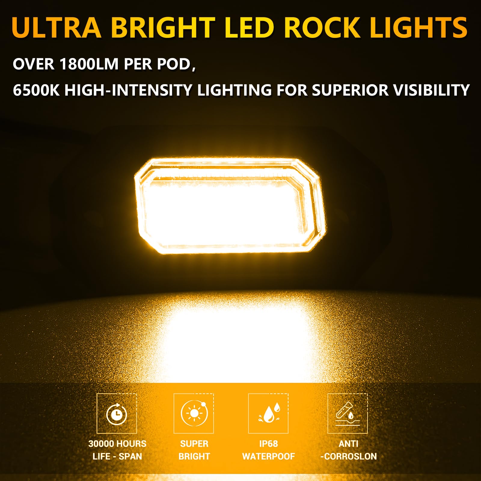 12 Pods Amber Rock Lights Aluminium Metal UnderGlow Light,36 High Power Chips,Aluminium Metal, Each 15ft extension cable,IP68 Waterproof,for Pickup Trucks SUV UTV ATV RZR Car Boats