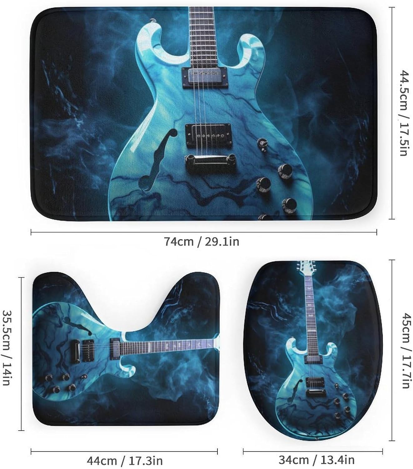 4 Piece Vintage Guitar Shower Curtain Set with Rugs, Vintage Musical Instrument Include Bathroom Non-Slip Floor Mat, U-Shaped Bath Rug and Toilet Cover Lid with 12 Hooks