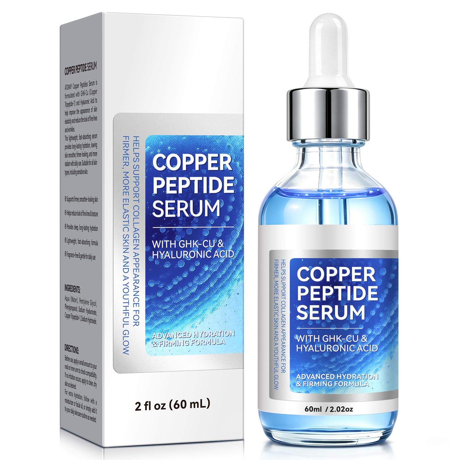 Copper Tripeptide-1 & Hyaluronic Acid Hydrating Face Serum, Lightweight Daily Facial Moisturizing Serum, Fast Absorbing Skincare, 60 mL / 2 fl oz