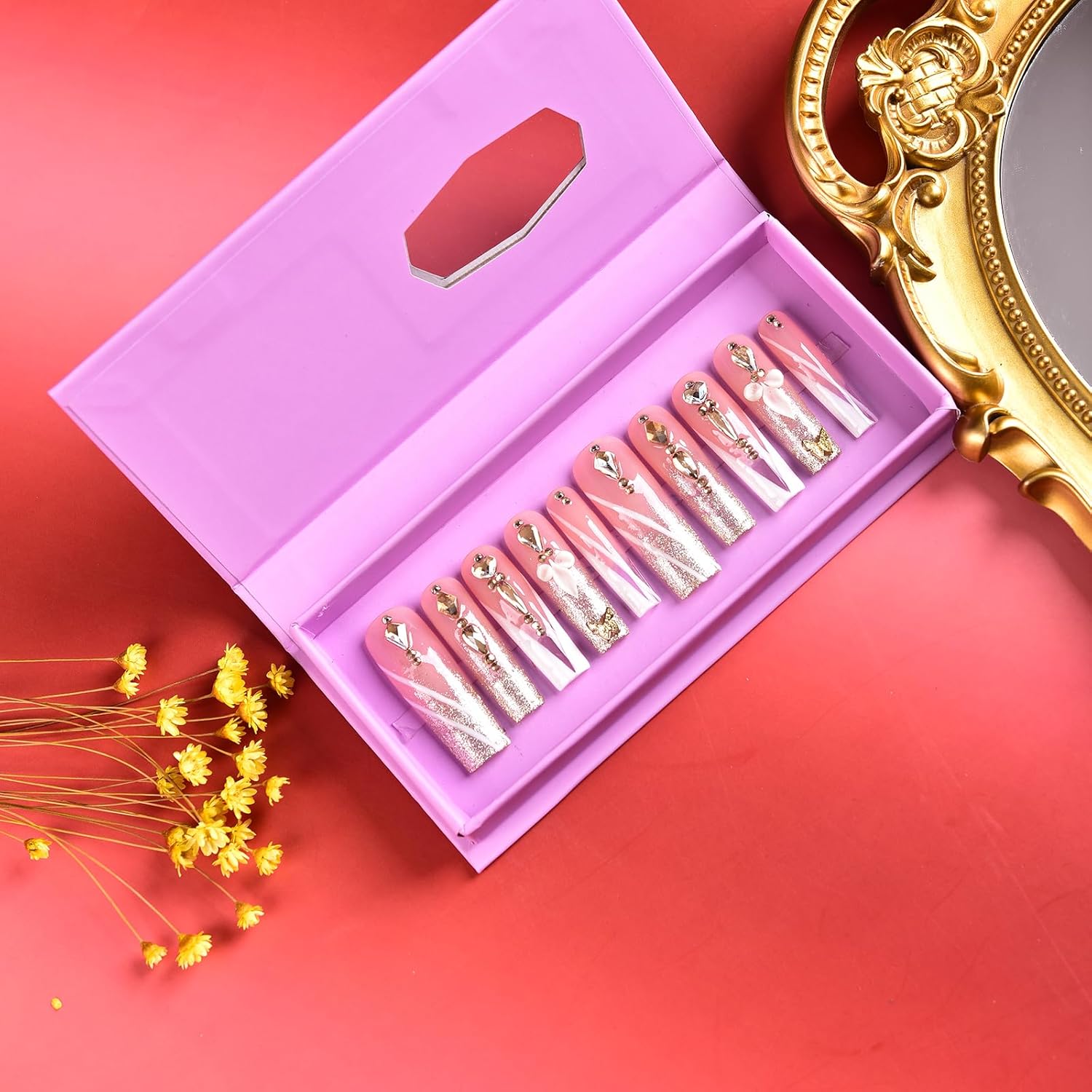 Tmani 10pc/set Extra Long Handmade Press On Nail Hot Girl's Long Ballet Nails Square Nail Full of Diamond Glitter Decoration Fake Nails Suitable For Girls Festival Parties and Birthday Gift (228,M)