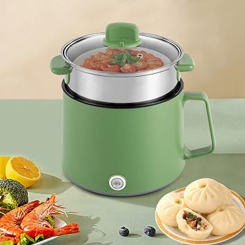 1.7L Electric Pot, 2 Layer Portable Mini Non-Stick Coating Slow Cooker, 800W Multifunctional Dual Power Small Slow Cooker with Steamer for Cooking Noodles, Soup, Eggs, Porridge (Green)