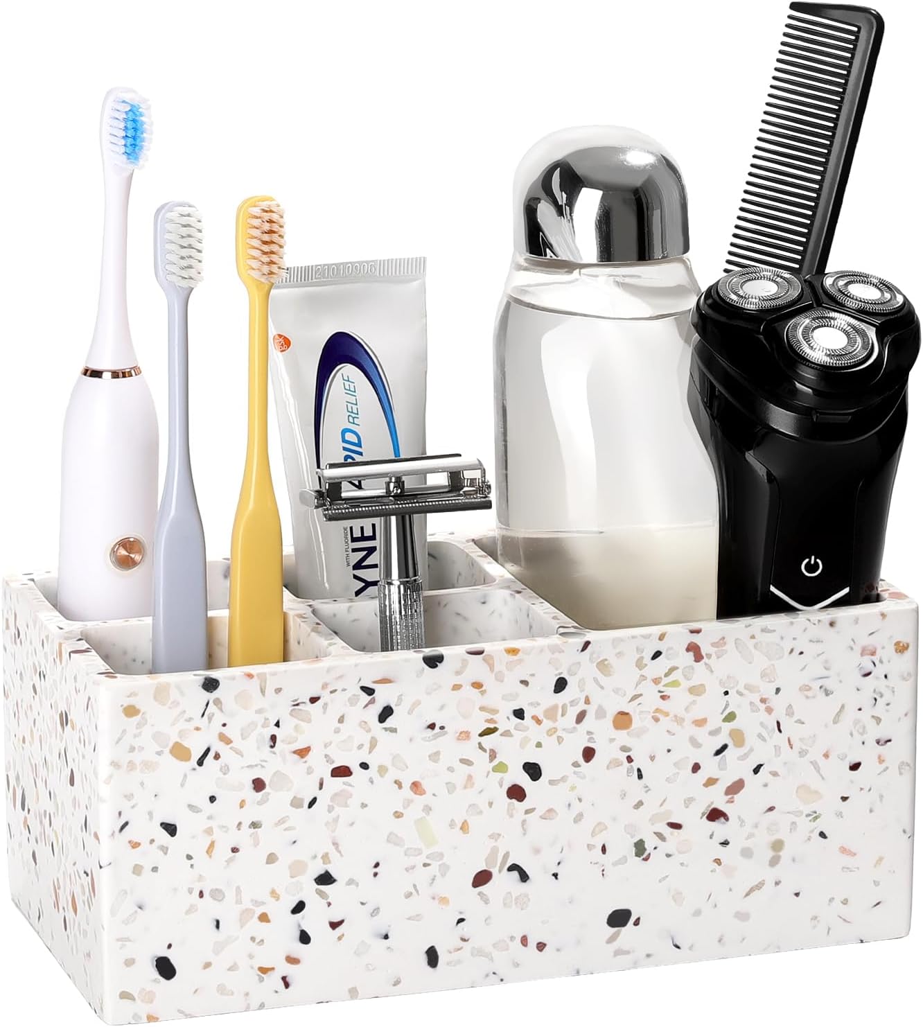 Luxspire Toothbrush Holder for Bathroom, 5 Slots Bathroom Counter Organizer Toothbrush and Toothpaste Holder, Bathroom Accessories for Restroom Bathroom, Terrazzo