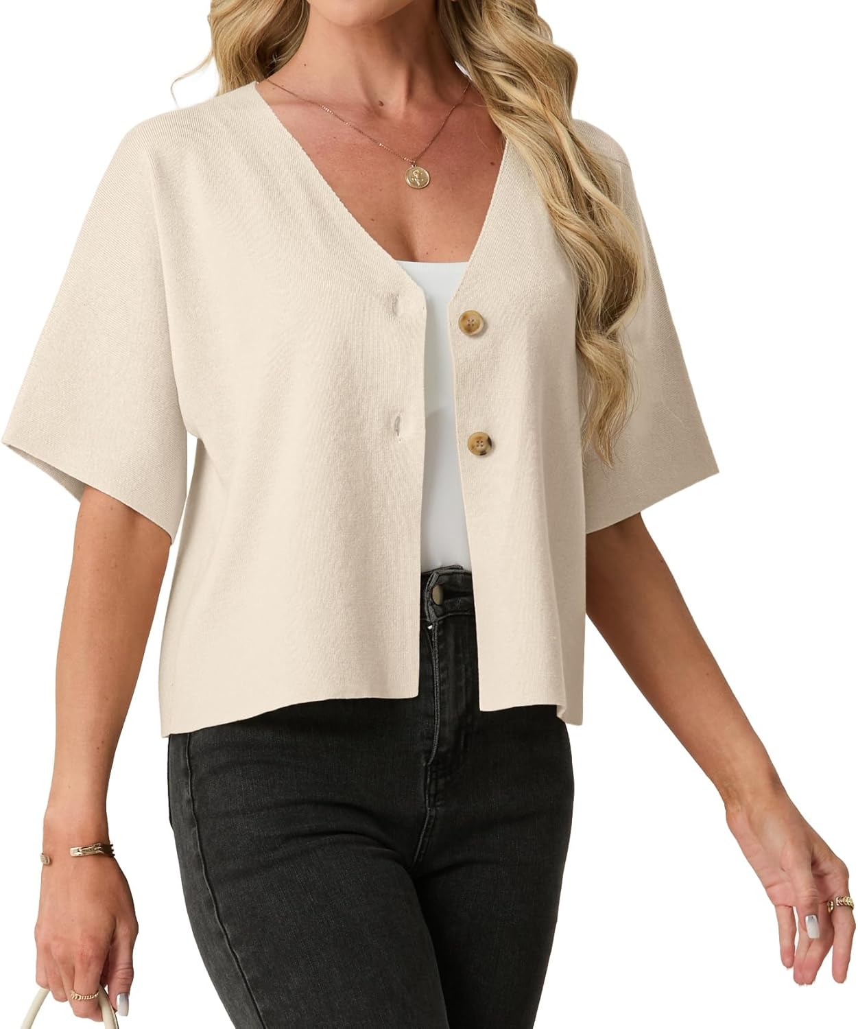 GRECERELLE Women's Summer Lightweight Short Sleeve Cardigans Open Front V Neck Casual Knit Button Down Sweater - Image 5