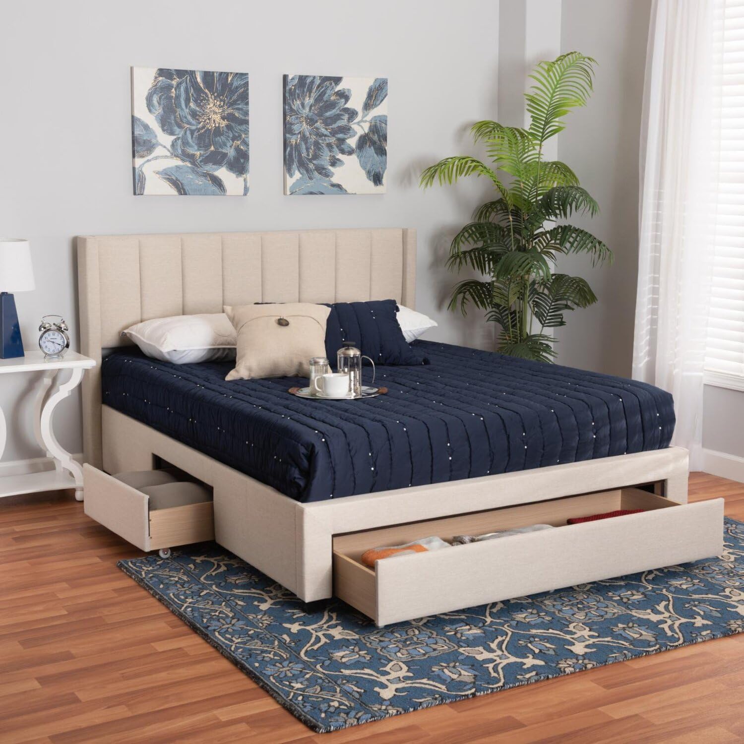 Baxton Studio Coronado Beige Fabric Queen Size 3-Drawer Storage Platform Bed