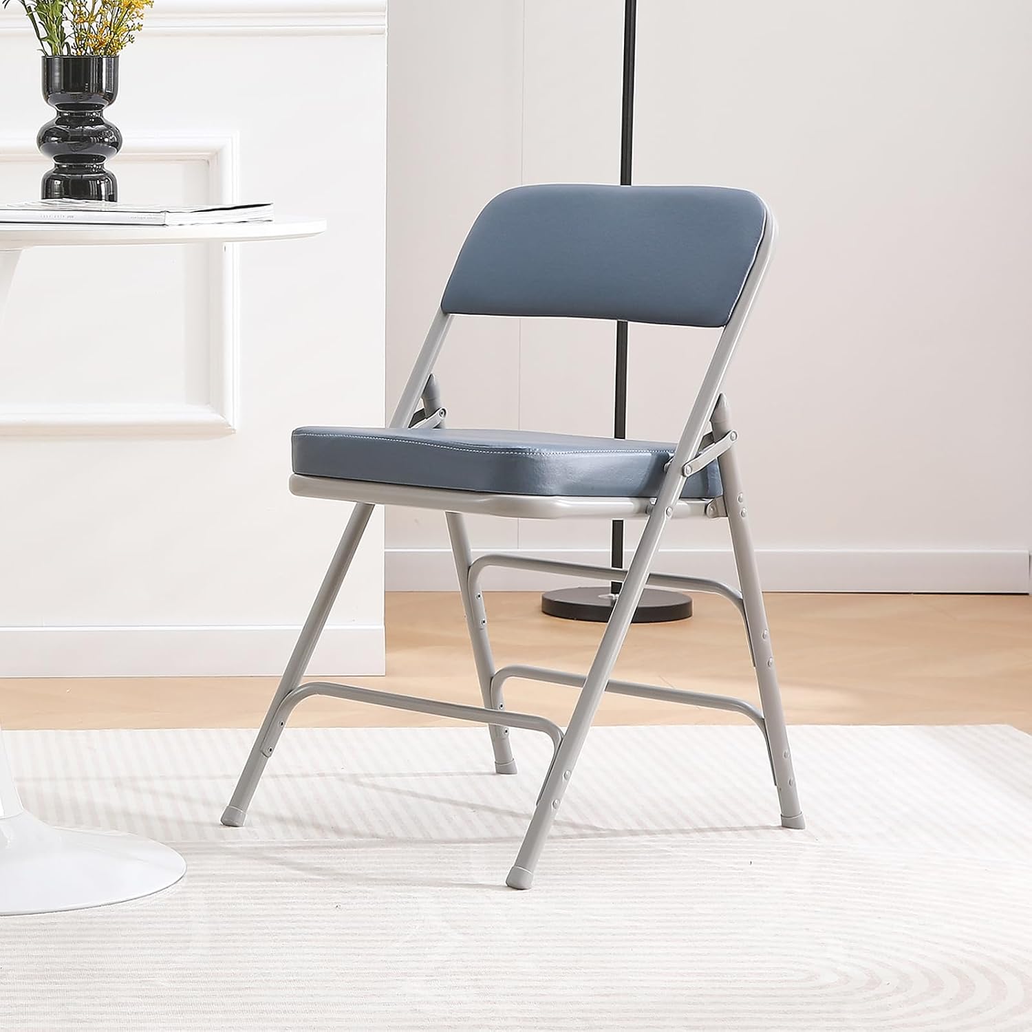 Padded Folding Chair Indoor Metal Frame Foldable Chair Blue | Comfortable Thick Vinyl Cushion Seat Durable Elegant Upholstered Single Chair for Small Space Home, Office and Events