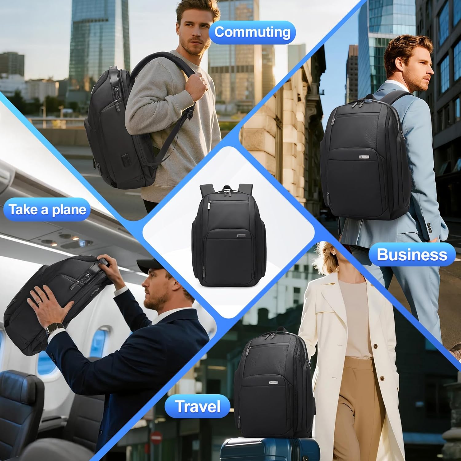 Expandable Business Laptop Backpack,180° Full Open TSA Friendly Travel Bag,15.6 inch Slim Commuter Backpack with USB Port,Water Resistant Professional Office Daypack,Black