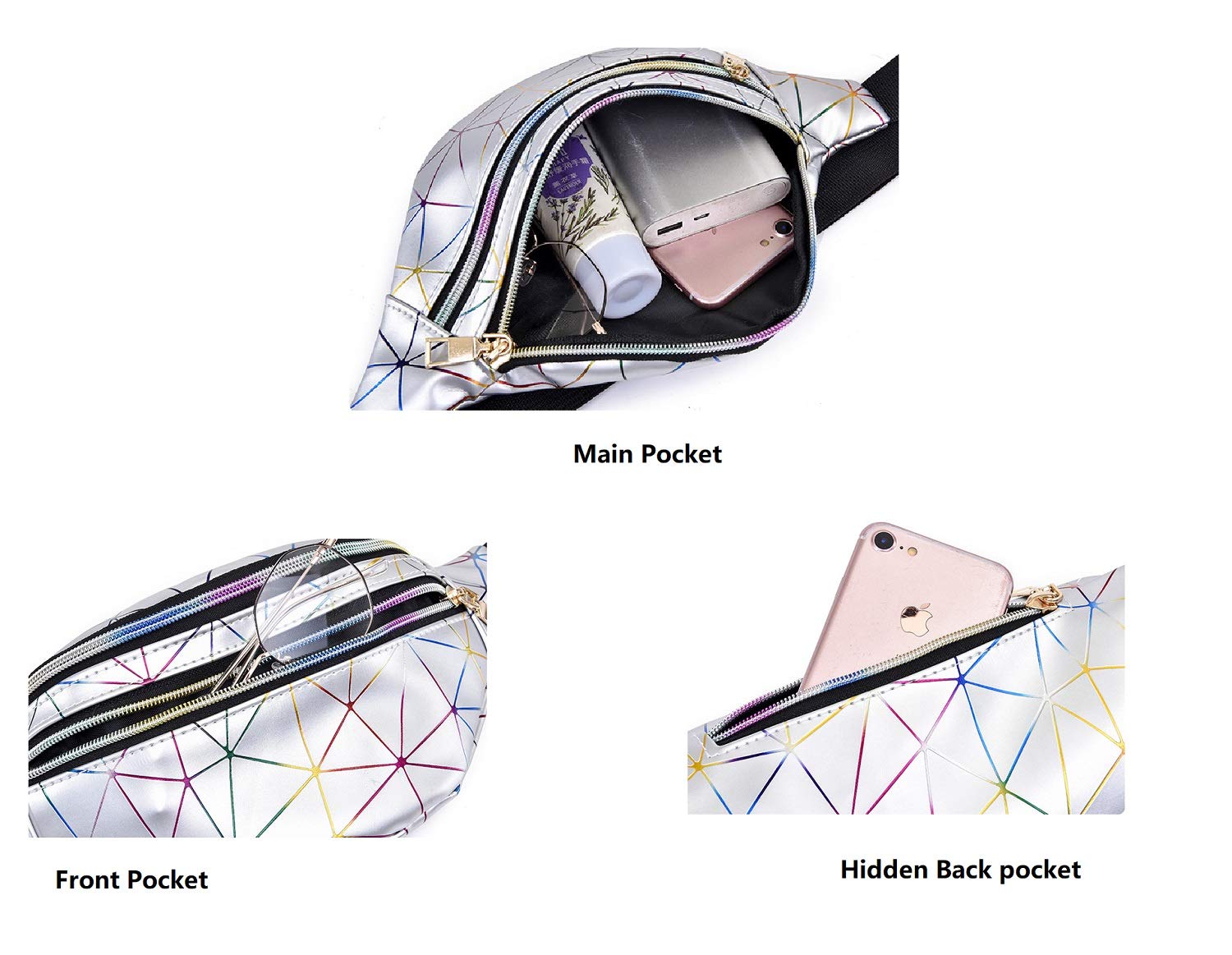 Sac Banane Holographique Unisexe - Imperméable - 4 Poches Zippées - Violet