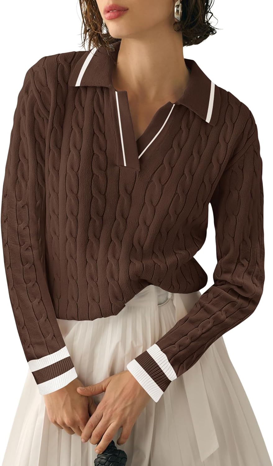 Micoson Womens Fall Long Sleeve Sweaters Lapel V Neck Cable Knitted Pullover Casual Soft Jumper Top