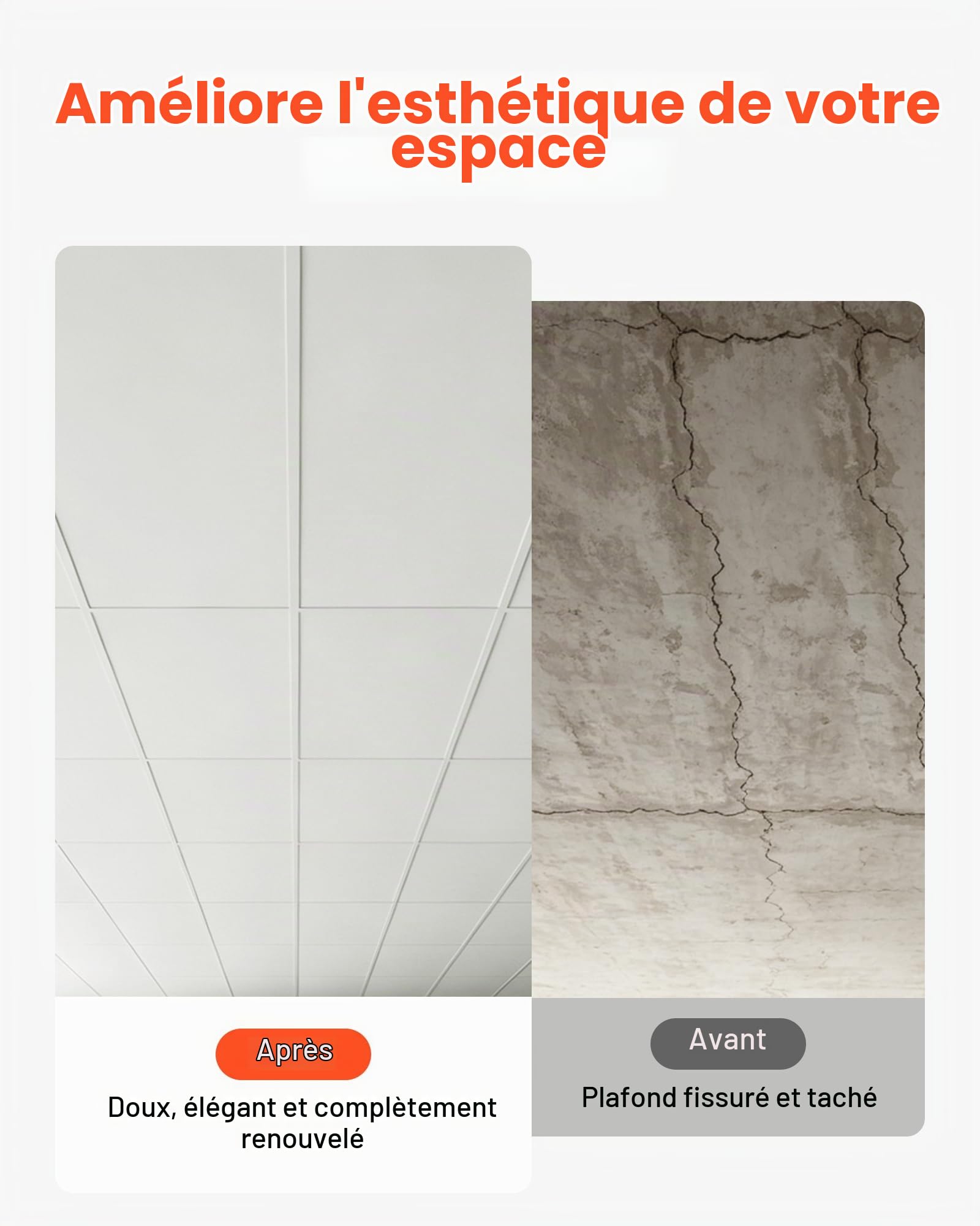 VEVOR Dalles Plafond PVC 605x1210 mm 10 Pcs Panneaux Plafond Suspendu Blanc