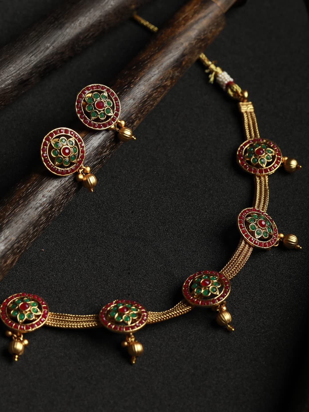 Women's Green & Ruby Floral Plated Jewellery Set, Elegant Gift