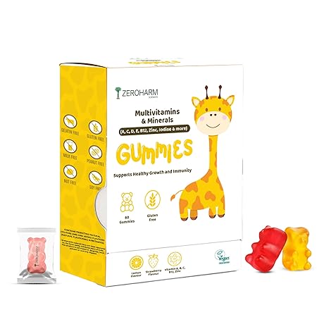 ZEROHARM Multivitamin Gummies for Kids and Adults with A, C, D, E, B12, Zinc, Iodine - Supports Healthy Growth & Immunity - 60 Gummies