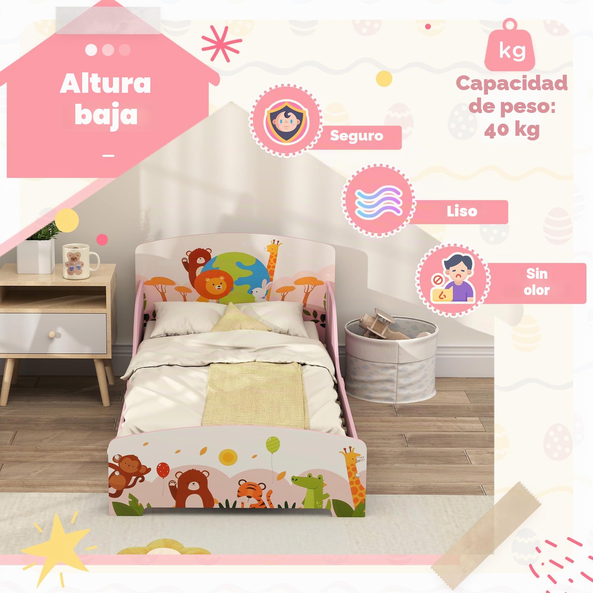 AIYAPLAY Cama Infantil con Animales 140x70cm diseño bajo Seguro, Rosa