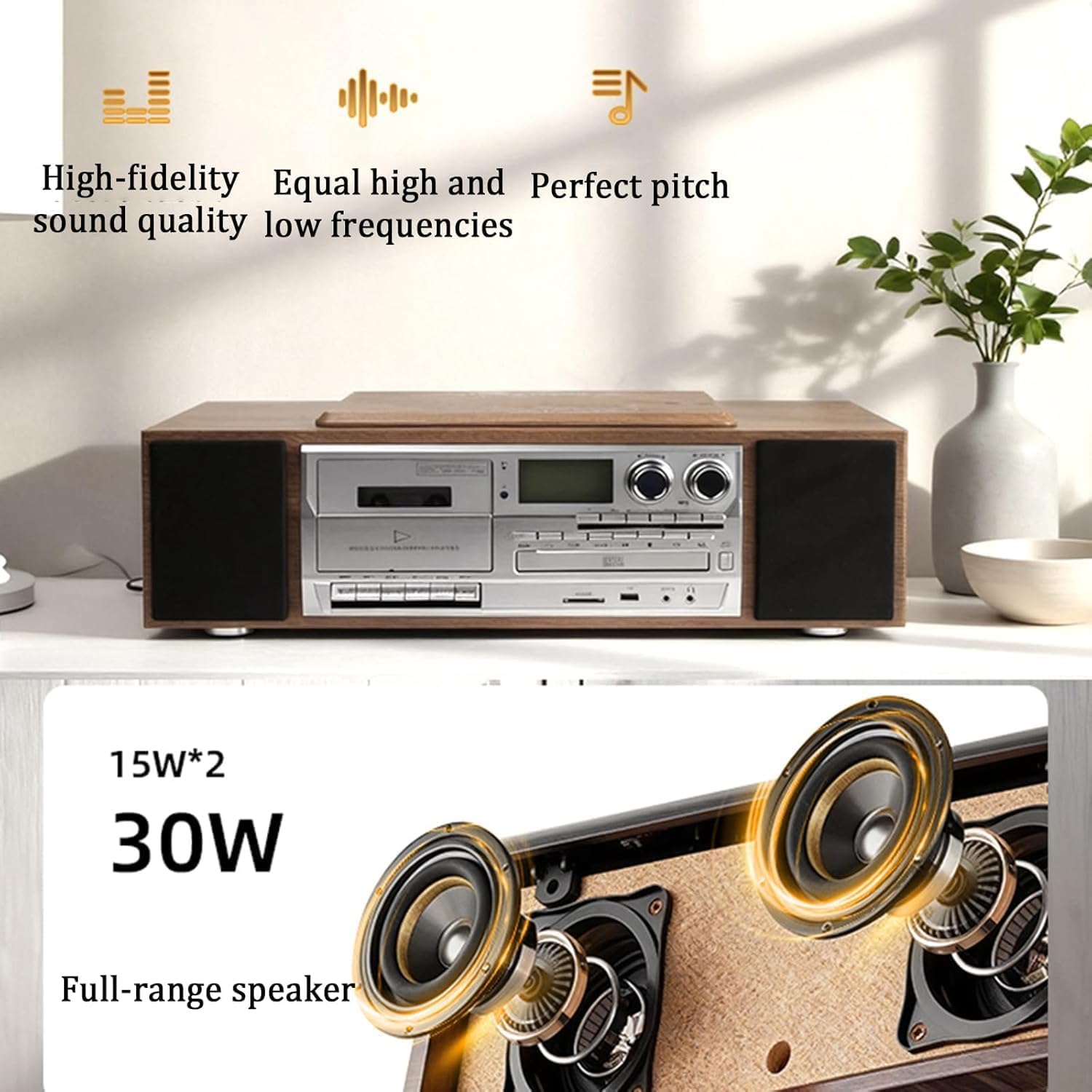Reproductor de CD con reproductor de cassette, altavoces estéreo duales, pantalla LCD, Bluetooth, reproducción USB, entrada AUX y control remoto, sistema de música 5 en 1 para el hogar y la oficina