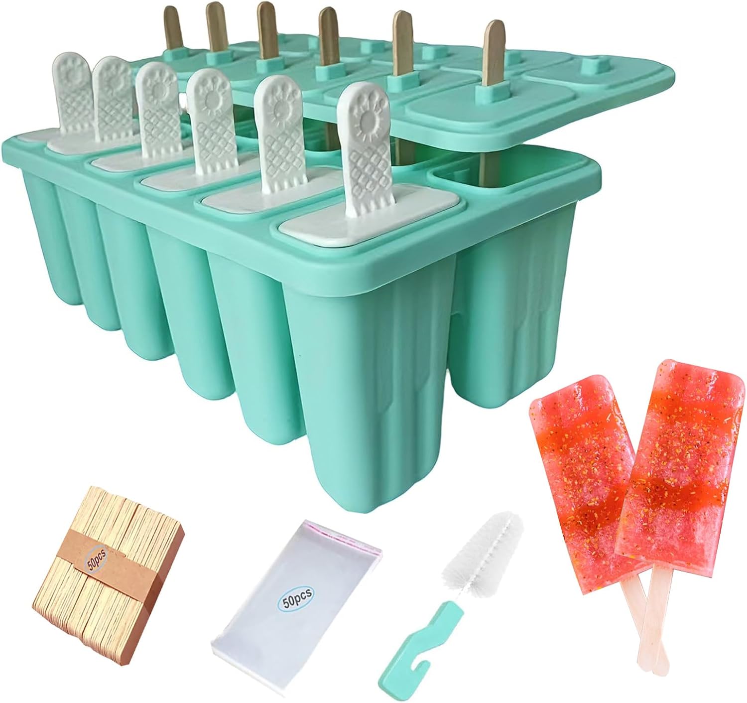 Silicone Popsicle Molds with Sticks Wpunwen 12 cavity Ice Popsicle MoldsIce Cream Mold with Clean Brush 12 Reusable Sticks 50 Sticks 50 Bags Green