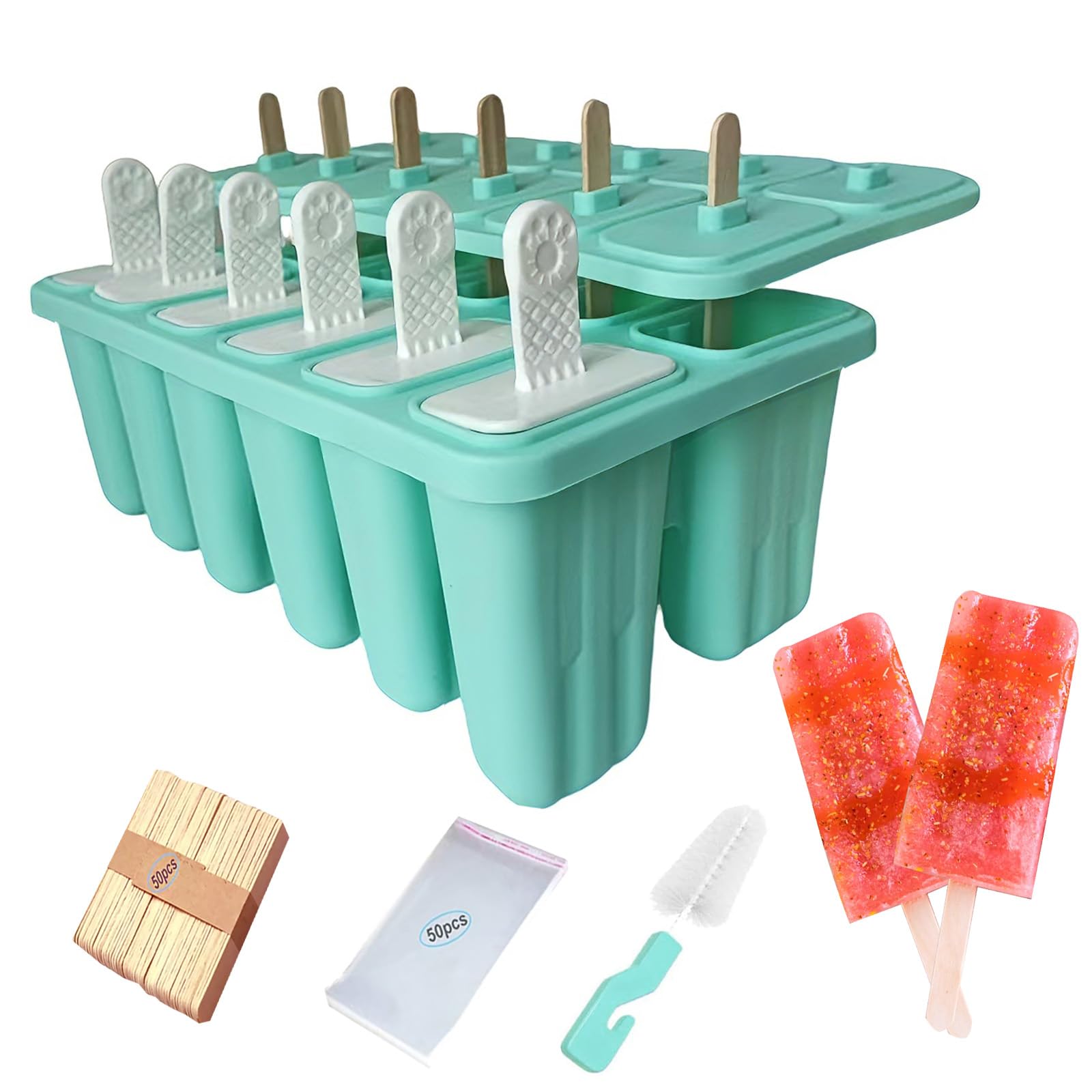 Moldes de silicona para paletas con palitos Wpunwen de 12 cavidades, moldes de helado con cepillo de limpieza, 12 palos reutilizables, 50 palitos, 50 bolsas, color verde