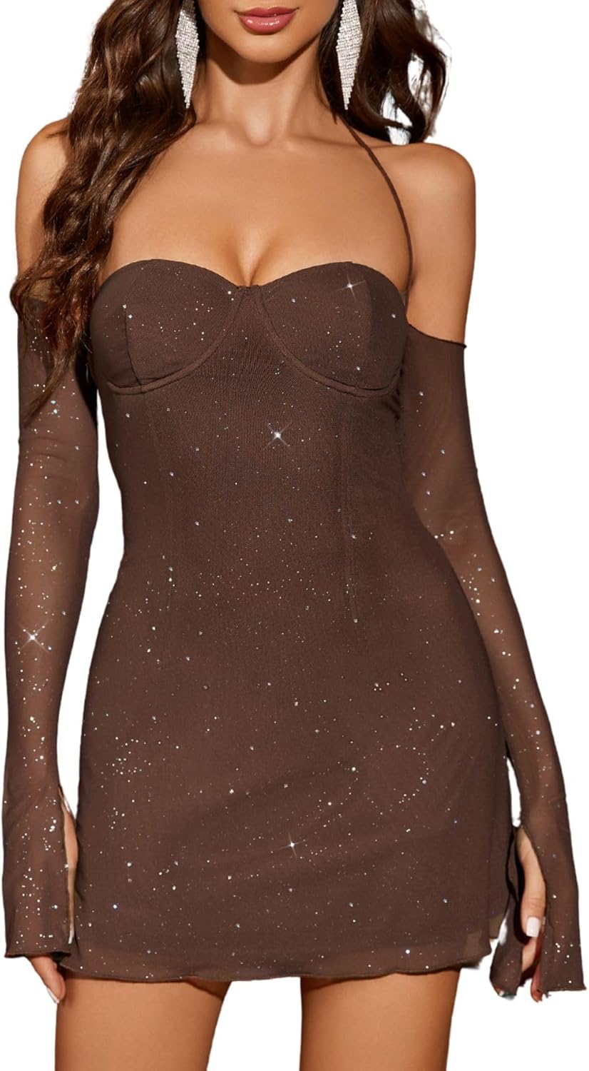 Parthea Women’s Sexy Dress Sequin Sparkly Glitter Dress Off Shoulder Long Sleeve Party Club Going Out Mini Dresses