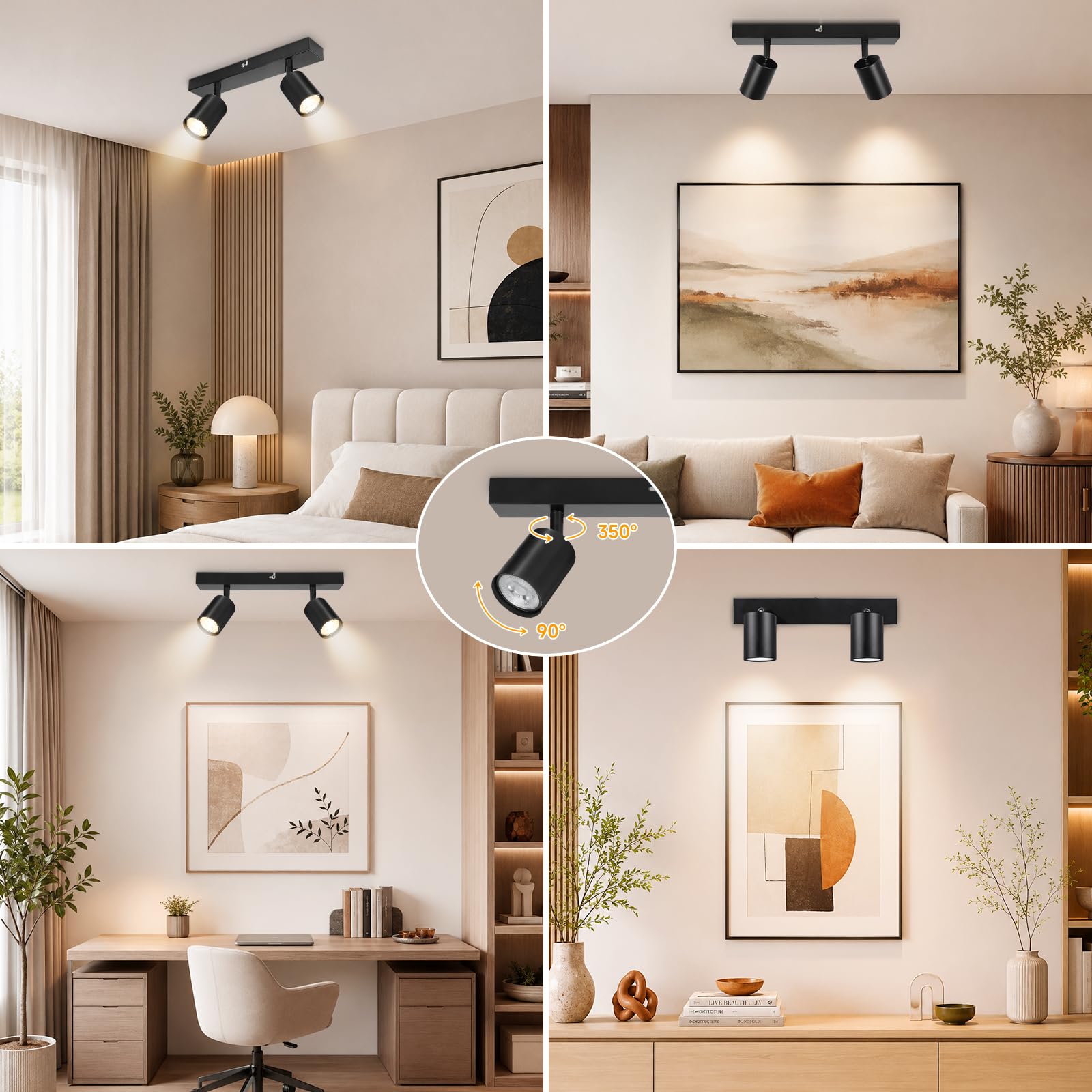 Lámpara de Techo de 2 Focos Giratorios GU10, Lámpara de Pared Interior LED Negro Ajustables, Foco de Pared para Interior Iluminación para Dormitorio Pasillo Cocina, Sin Bombilla GU10