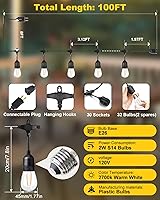 Vista 3 de BRIMAX Cadena de luces para exteriores de 2 W, 100 pies, grado comercial, con 32 bombillas LED S14 regulables, resistentes al agua, para bistró