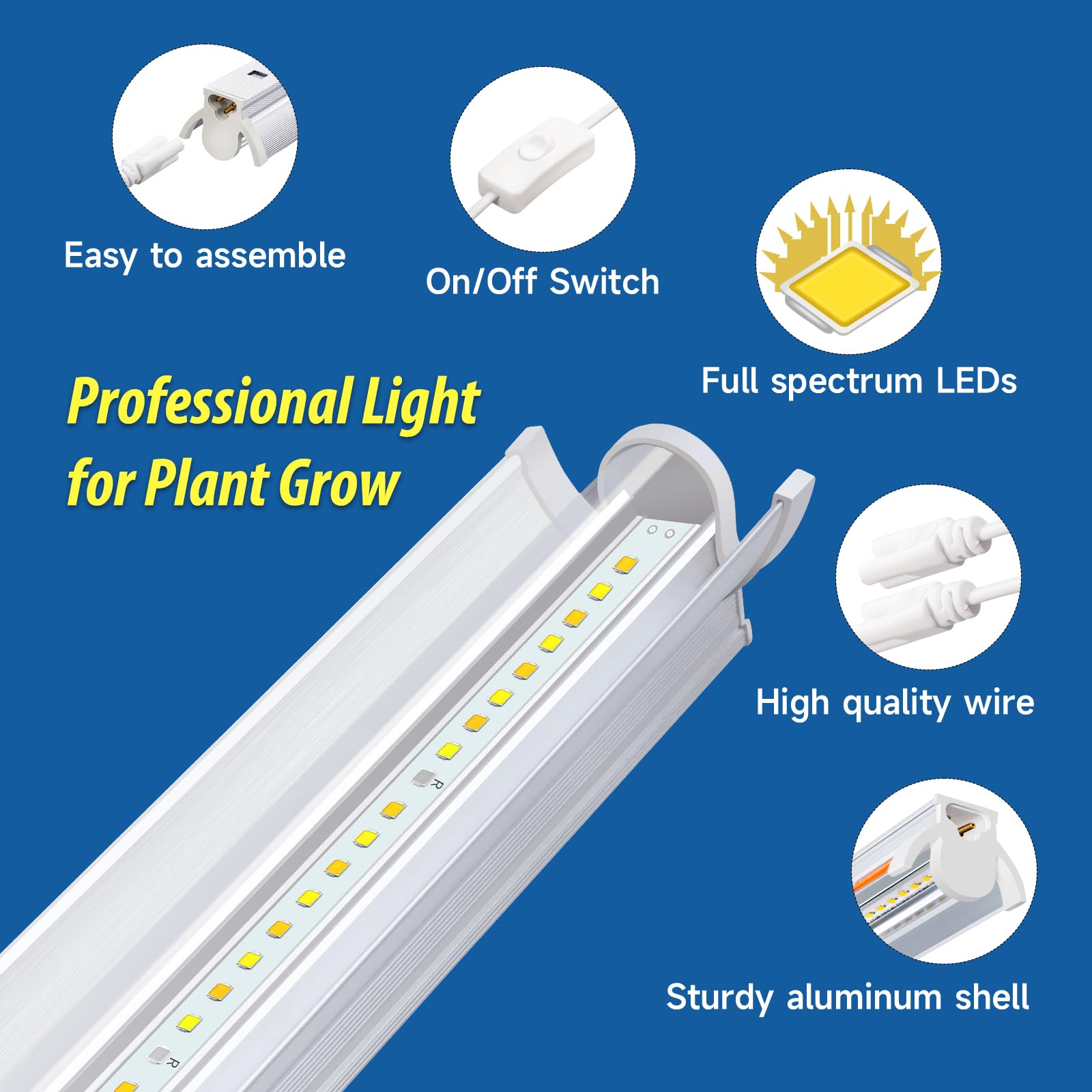 Lampade per Piante T5 da Interno, Confezione da 4Pack (42cm, 10W x 4) Luce LED a Spettro Completo con Riflettori per Piantine, Fascia Luminosa 4000K Bianca per Scaffali e Ripiani