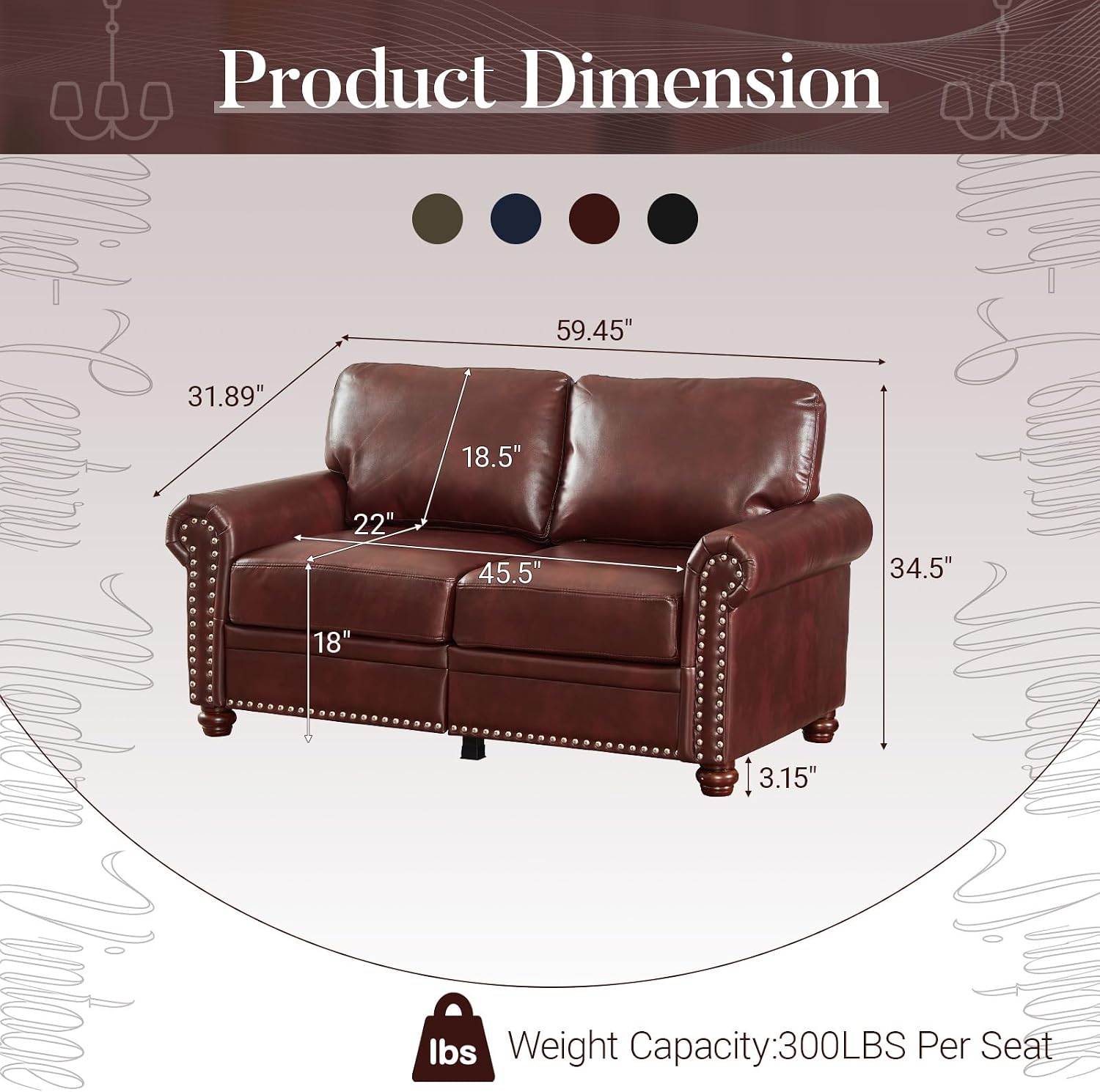 59.45“Mid-Century Modern Loveseat Couch,Vintage Faux Leather 2-Seater Sofa with Nailhead Trim and Rolled Arms,Storage Box,Wood Frame for Living Room,Apartment,Office,Burgundy